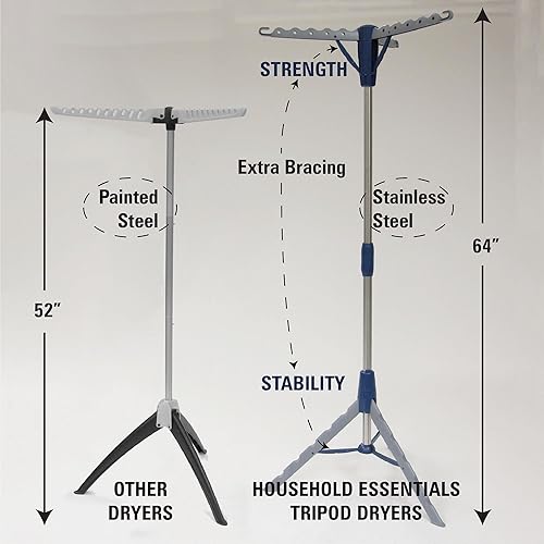 Vista 6 de Household Essentials 5009-1 Tendedero portátil plegable para interiores con trípode para colgar ropa Plata y azul tamaño mediano