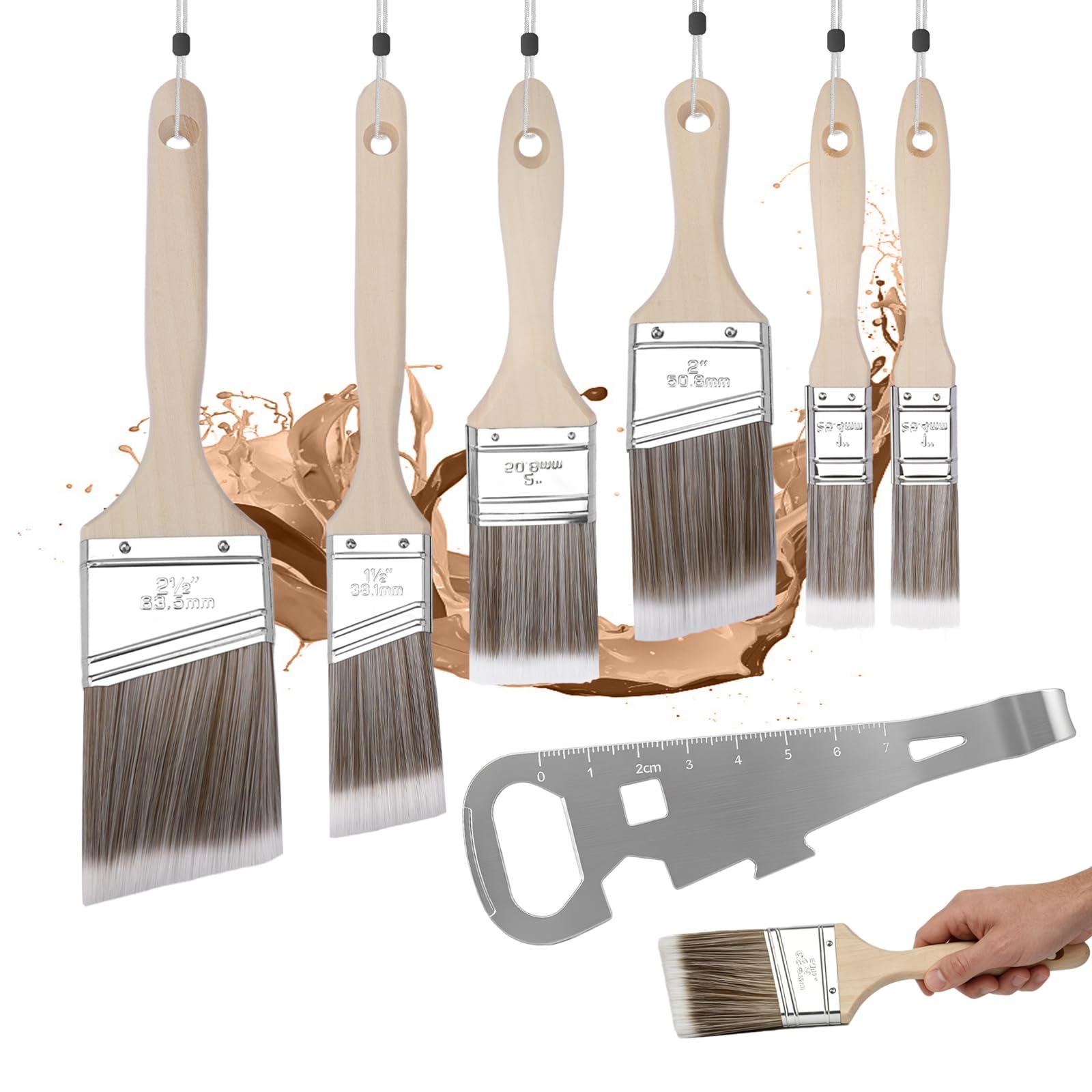 7 Pack Angled & Flat Paint Brushes Set with Built-in Paint Can Opener