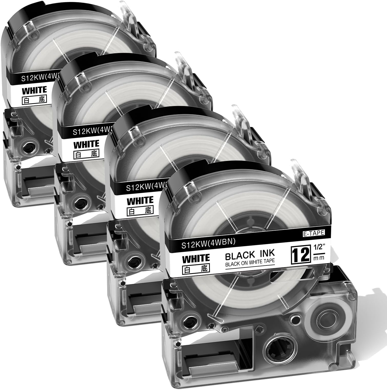 Label KINGDOM Replace for Epson Label Maker Tape LC-4WBN LK-4WBN SS12KW 12mm 1/2" Label Tape Work for Epson LabelWorks LW-300 LW-400 LW-600P LW-700 LW-K200PX Label Maker,Black on White,4-Pack