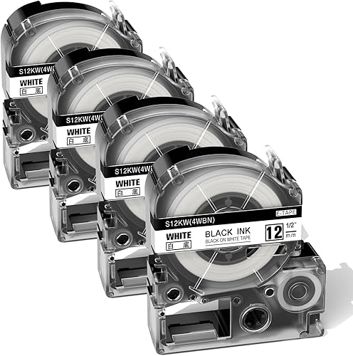 Label KINGDOM Cinta de etiquetas de repuesto para Epson LC-4WBN LK-4WBN SS12KW 0.472 in 12 pulgadas, cinta de etiquetas para Epson LabelWorks LW-300
