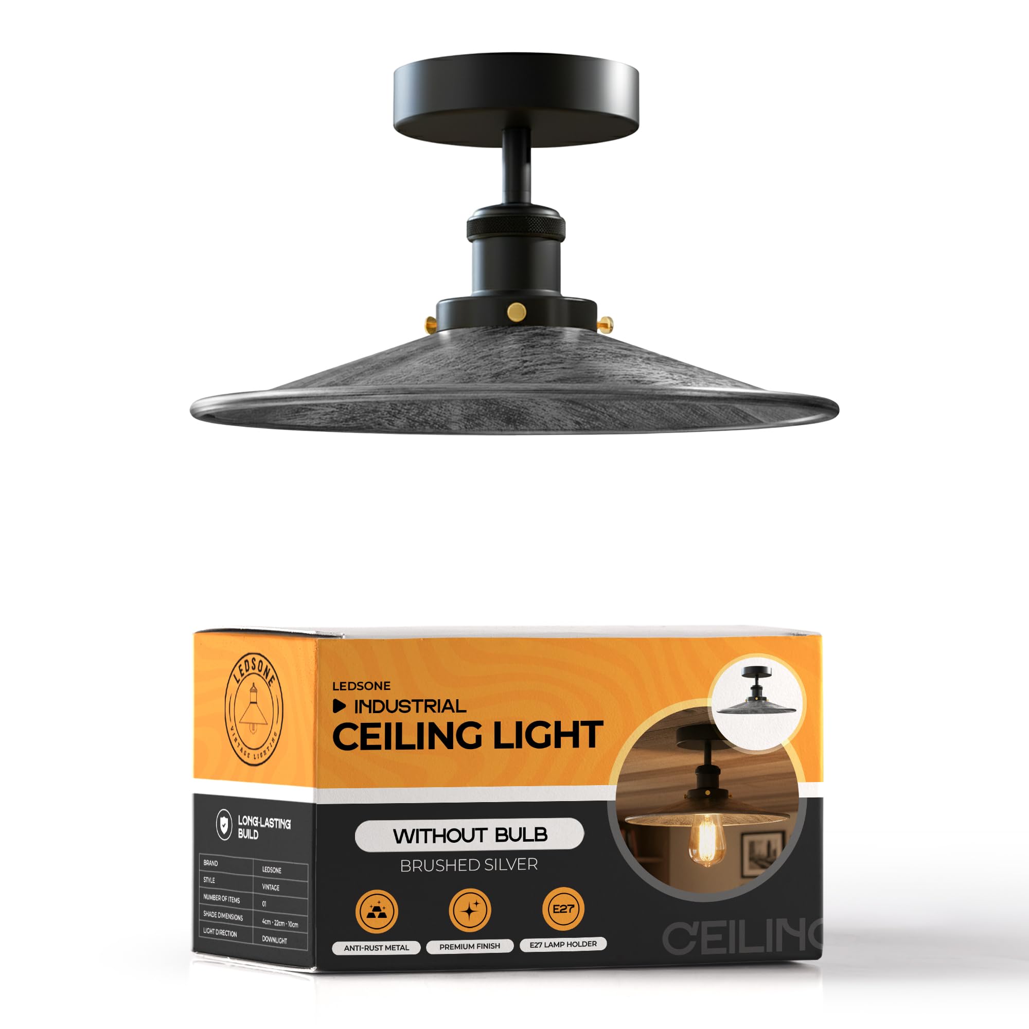 LEDSone Vintage Industrial Ceiling Light E27 Brushed Silver Metal Lamp