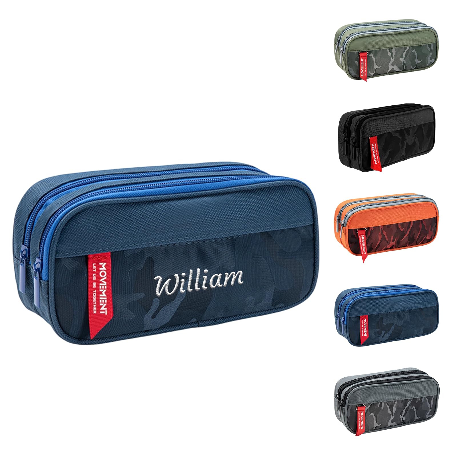 Personalized Pencil Case with Name Embroidery, Three Compartments Pencil Pouch for School Supplies & Office, Camouflage Portable Organiser for Daily Storage/Travel Large Capacity 21.6×9.5cm (Blue)