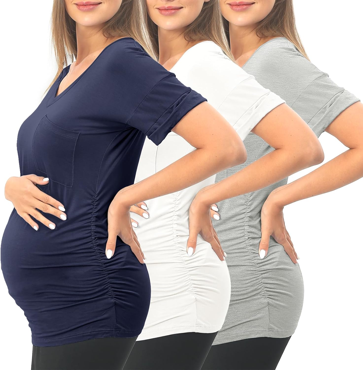 SUNNYBUY 3 Pack Womens Maternity Tops Side Ruched Maternity Shirts Pregnancy Clothes V Neck - Image 2