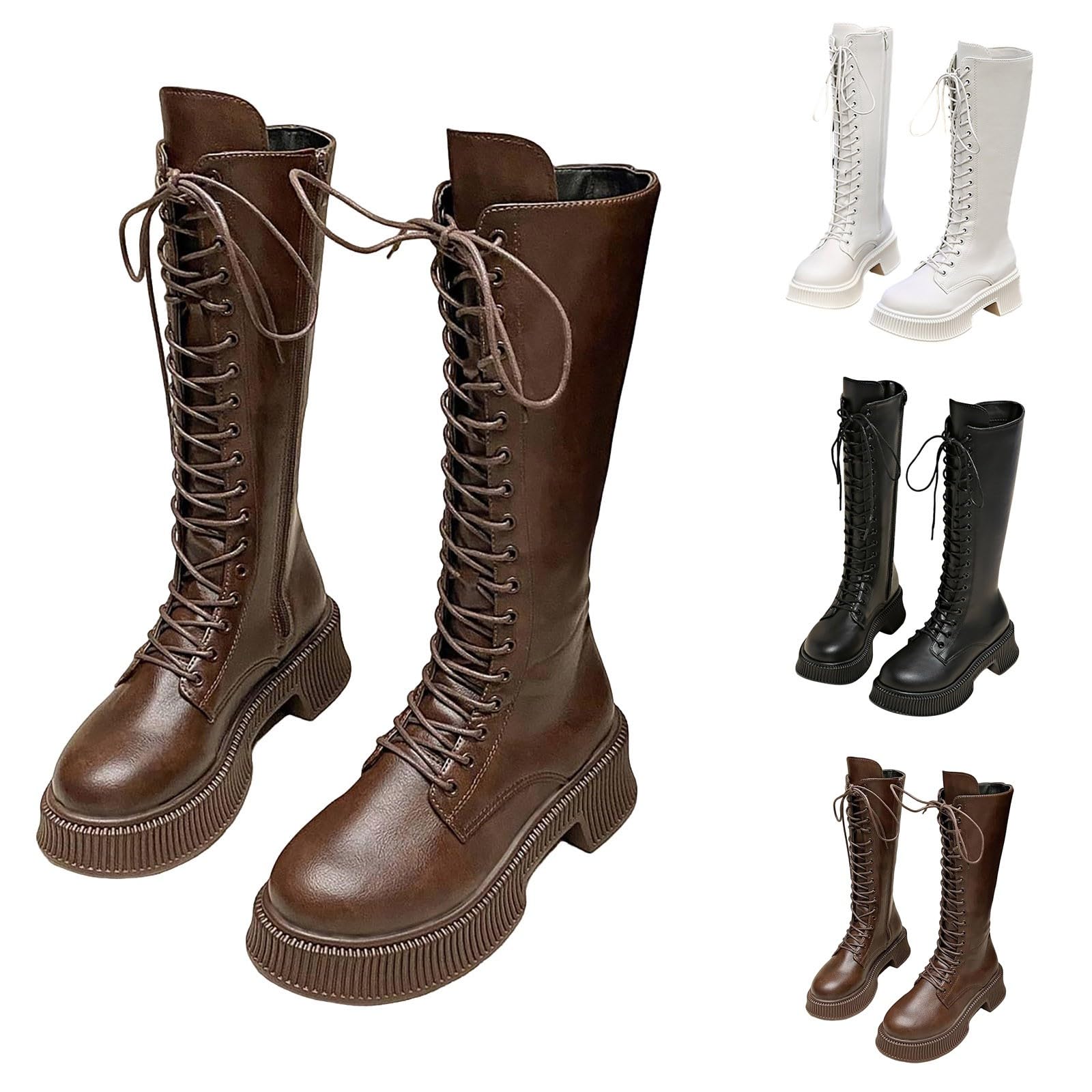 Stivali alti al ginocchio, da donna, con plateau lungo, da moto, con tacco piatto, con chiusura a strappo, in pelle, per autunno e inverno
