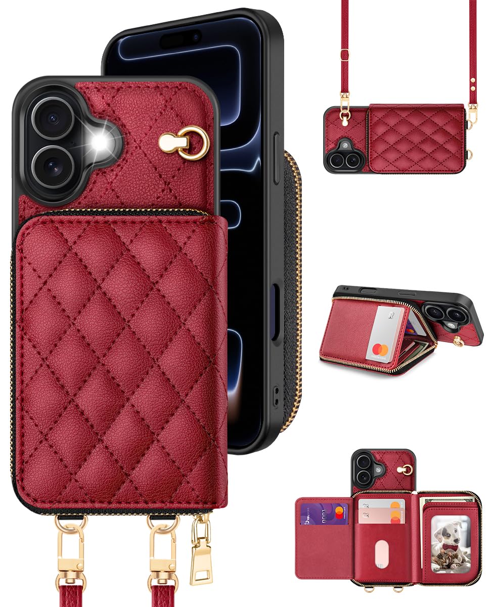 OCASE Custodia Portafoglio per iPhone 17, Custodia in Pelle con Cerniera, Porta Carte con Blocco RFID, con Tra Collo Regolabile Rimovibile, Protettiva Antiurto Cover per iPhone 17 - Rosso Scuro