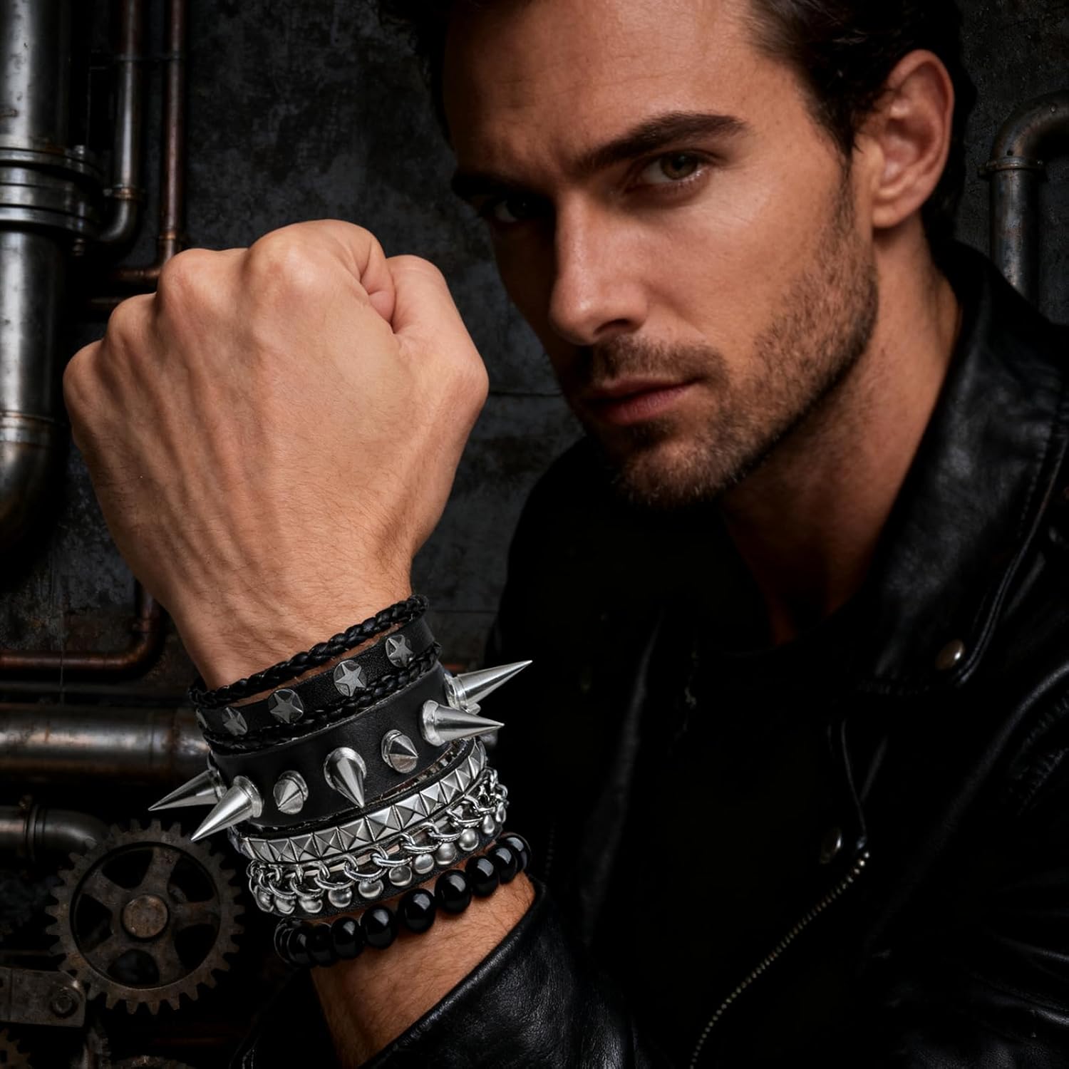 BATHRINS 4 Pcs Punk Rock Studded Bracelets for Men Women 80s Gothic Spike Leather Cuff Bracelet Set Emo Accessories - Image 4