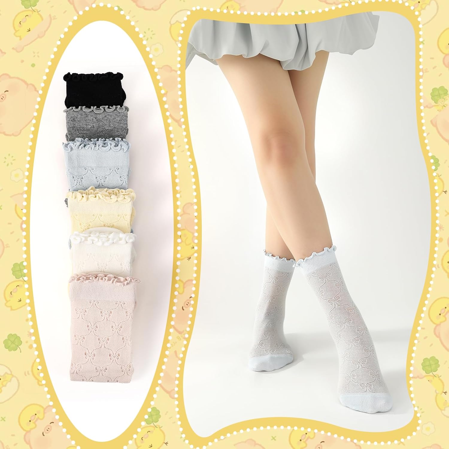 6 Pairs Women's Ruffle Socks Cool Casual Summer Ultra Socks Cute Thin sheer Friily Cotton Crew Sock