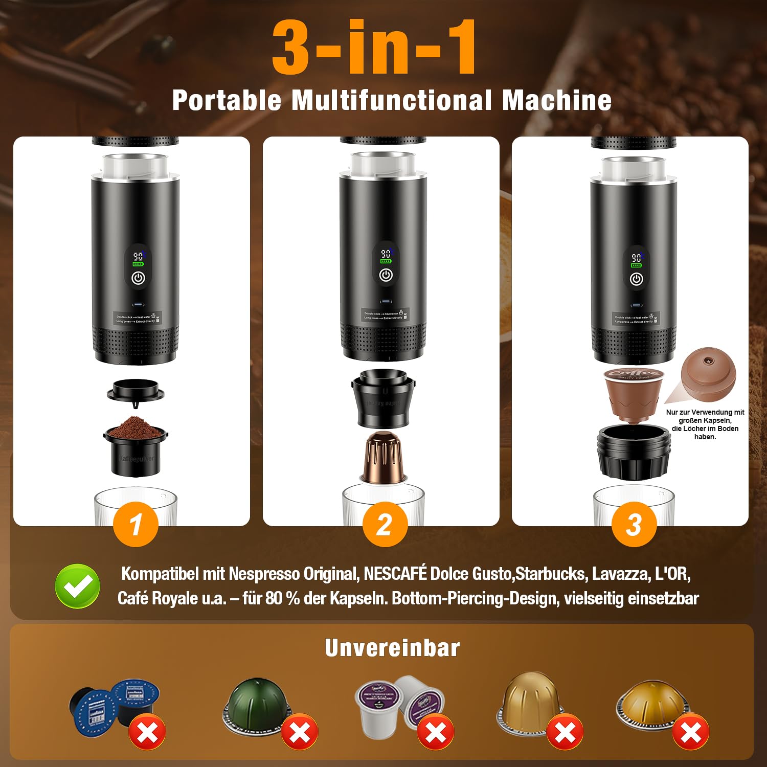 Mini Kaffeemaschine für unterwegs 3 in 1 Akku Espressomaschine mit USB kompatibel mit Kapsel und gemahlenem Kaffee