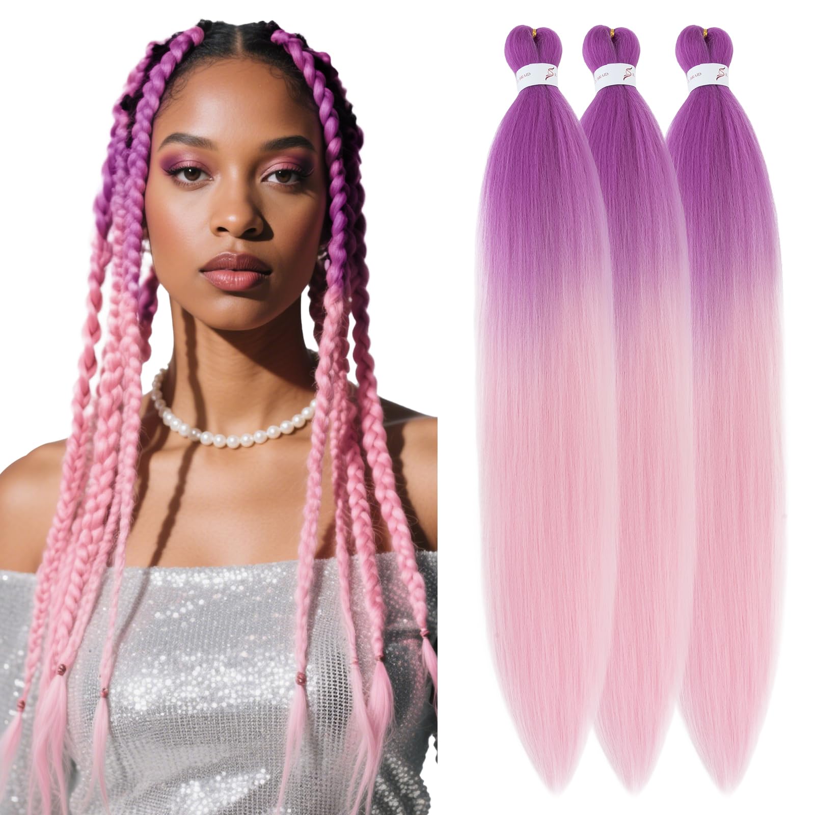 S-noilite Long EZ Braids Pre-Stretched Easy Braiding Hair Extensions for Crochet Box Twist Braids Ombre Yaki Texture Synthetic Hair Hot Water Setting,26 Inch 3 Packs 270g,Peach Purple to Pink