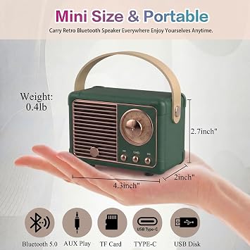 Dosmix Retro Bluetooth Hoparlör, Vintage Dekor, Mini Kablosuz Bluetooth Hoparlör, Mutfak Masası Yatak Odası Ofis Parti Dış Mekan Aksesuarları iPhone Android için (Yeşil)