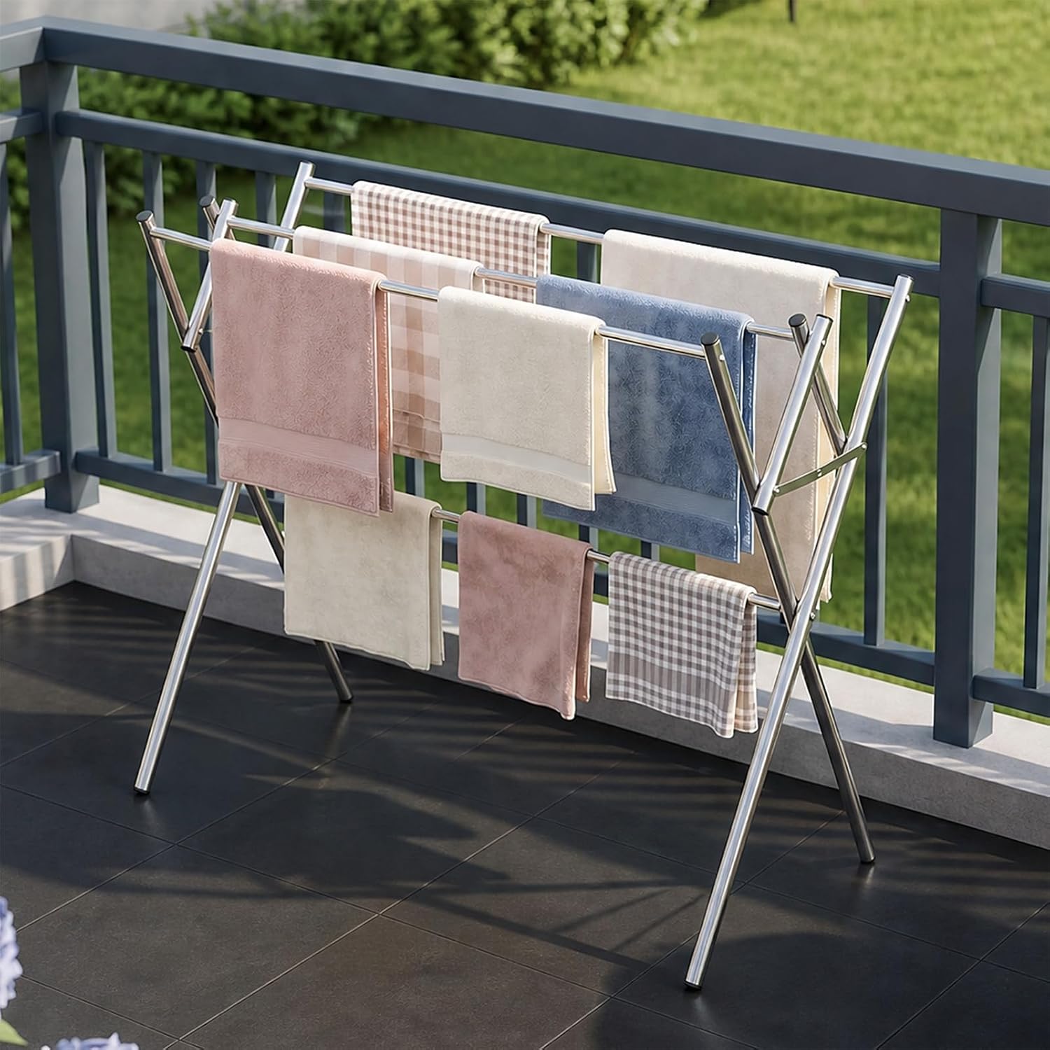 PUREBOX Stainless Steel Towel & Baby Clothes Drying Rack, Small Foldable Laundry Rack for Bathroom, Expandable 22-39.4"W x 30.3"H, 4 Drying Poles, Lightweight Airer for Towels, Bibs, Swimsuits, Silver