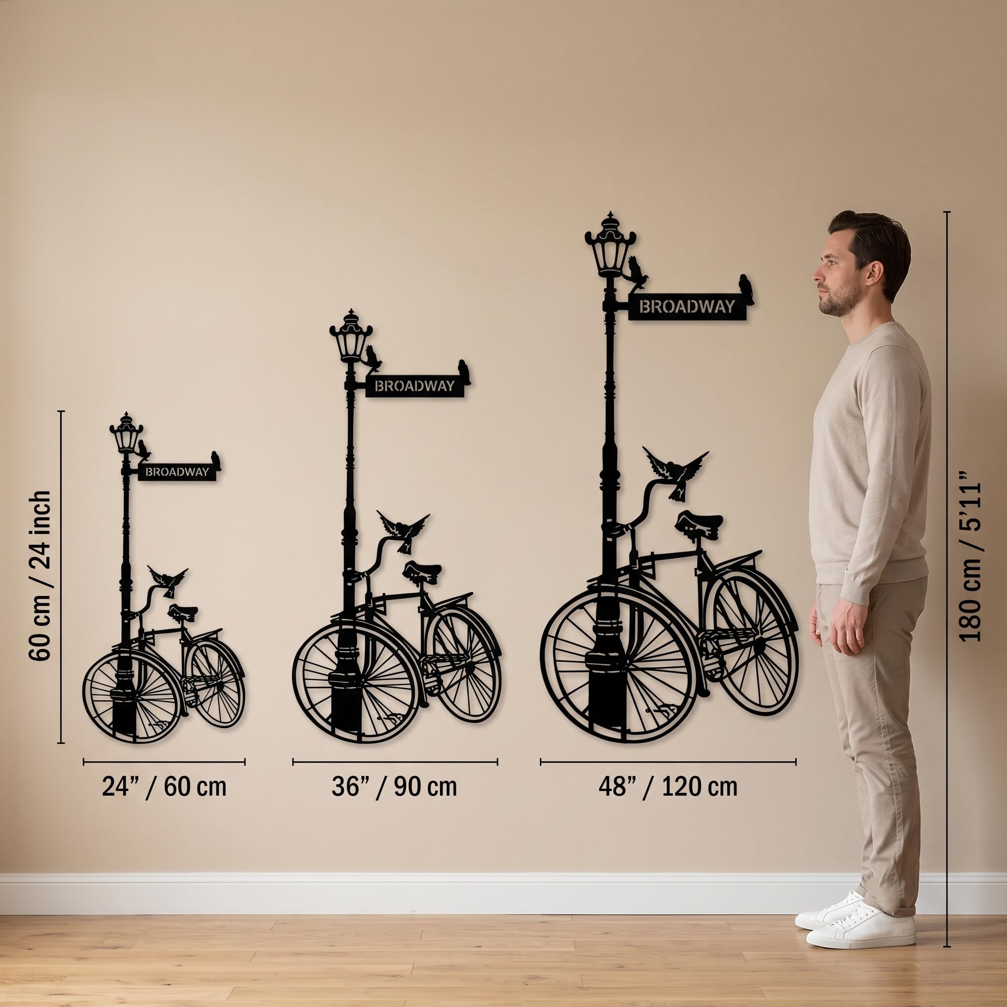 Lámpara de calle vintage personalizada y arte de pared de metal, letrero de calle personalizado, silueta retro de paisaje urbano