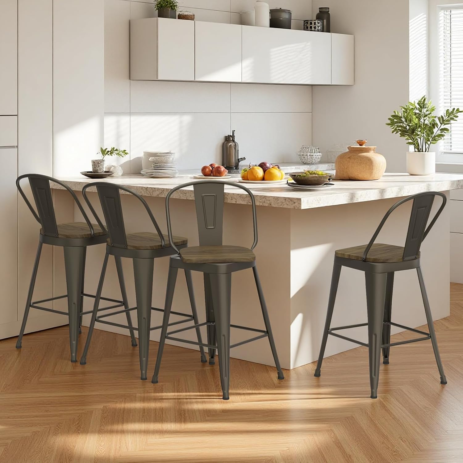 Metal Bar Stools Set of 4,26 inch Counter Height Swivel Bar Stools with Removable High-Back, Wooden Large Seat for Kitchen Island,Bar,Cafe(Rusty)