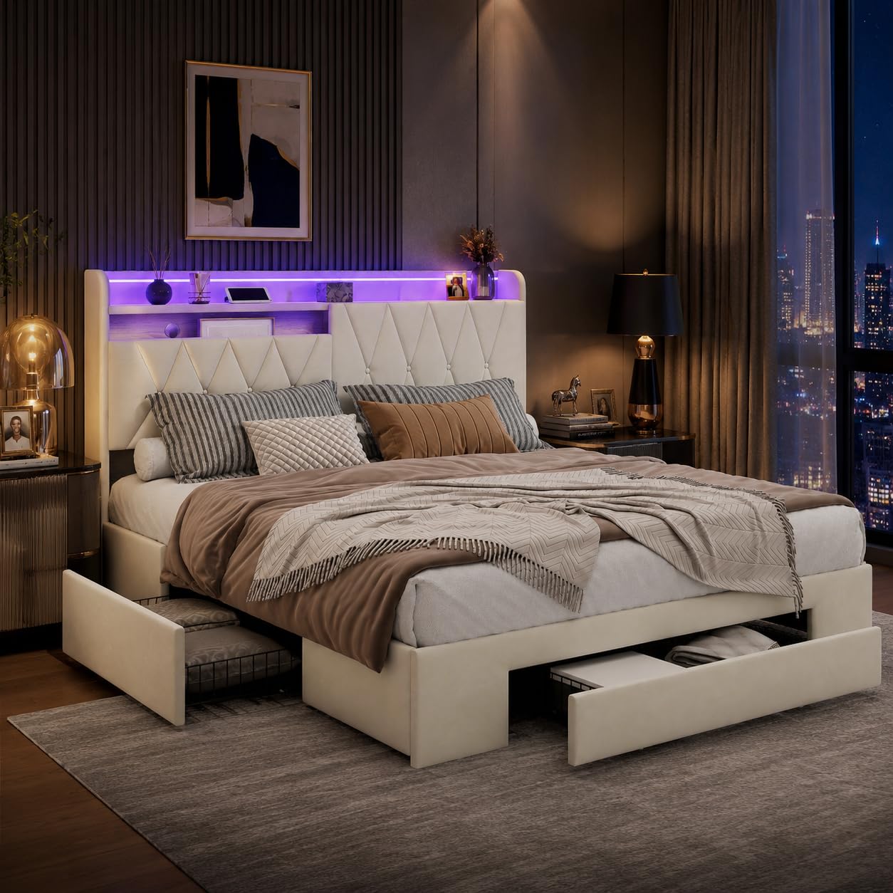 Letto imbottito con 3 cassetti, testiera, letto matrimoniale, 160 x 200 cm, letto matrimoniale funzionale con vano portaoggetti, letto imbottito con rete a doghe (beige + velours-A, 160 x 200
