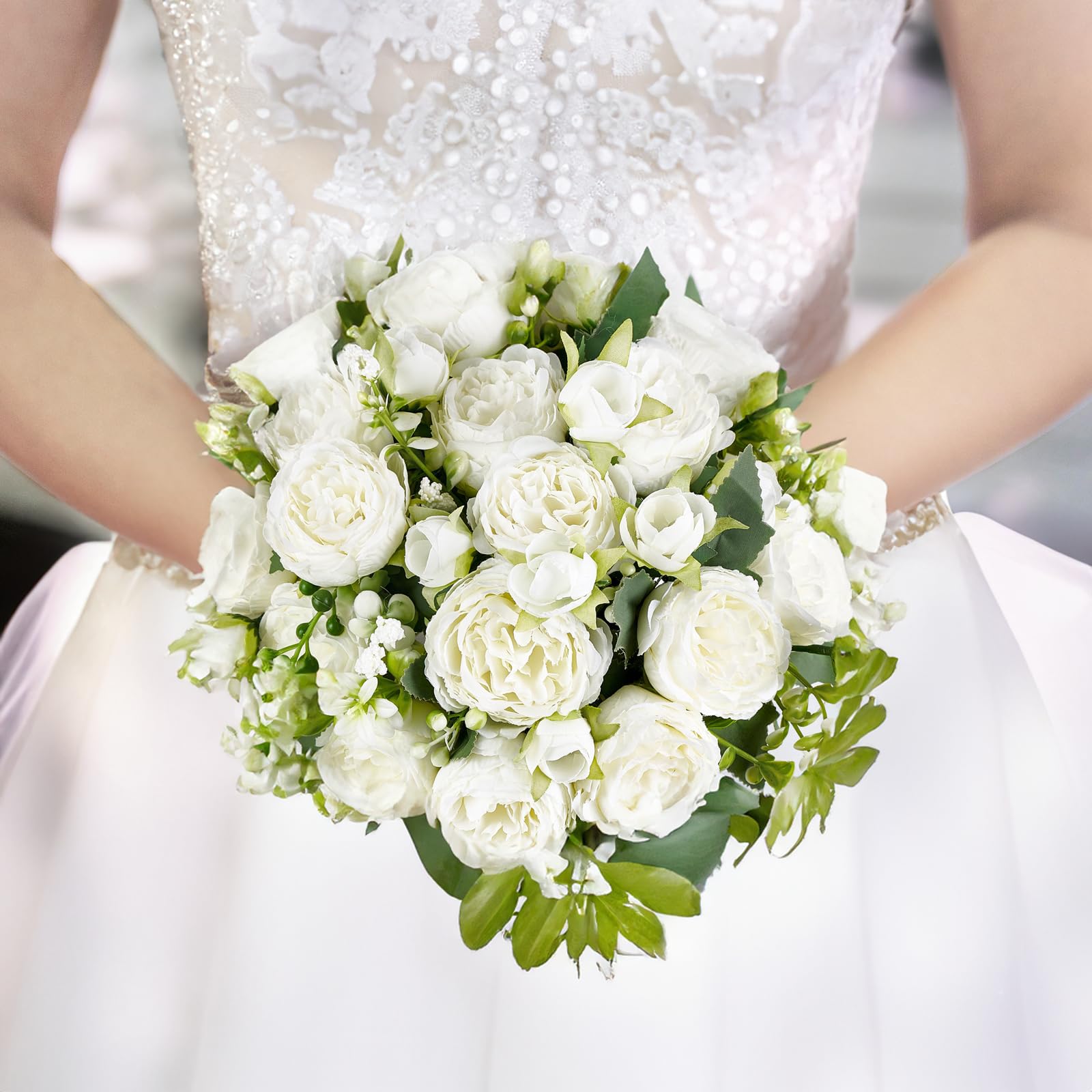Songkuiwang Gorgeous 4 Bunches of Silk Peony Artificial Flowers - White Peonies Bouquets for Wedding Party Home Decor - Image 3