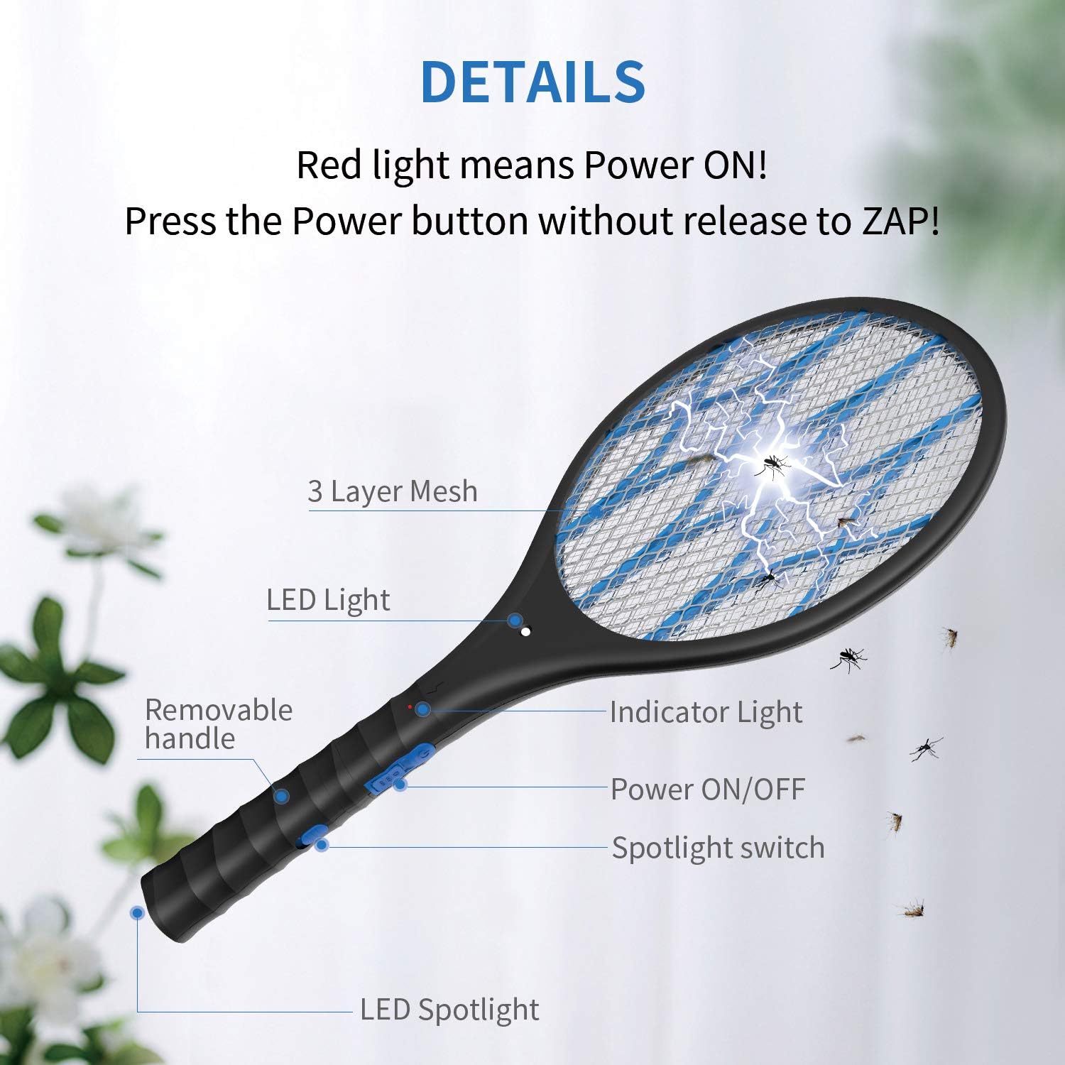 INTELABE Bug Zapper, Mosquito Killer USB Rechargeable Electric Fly Swatter for Home, Outdoor, Powerful 4000V Grid, Detachable Flashlight, LED Light, Safe to Touch with 3-Layer Safety Mesh