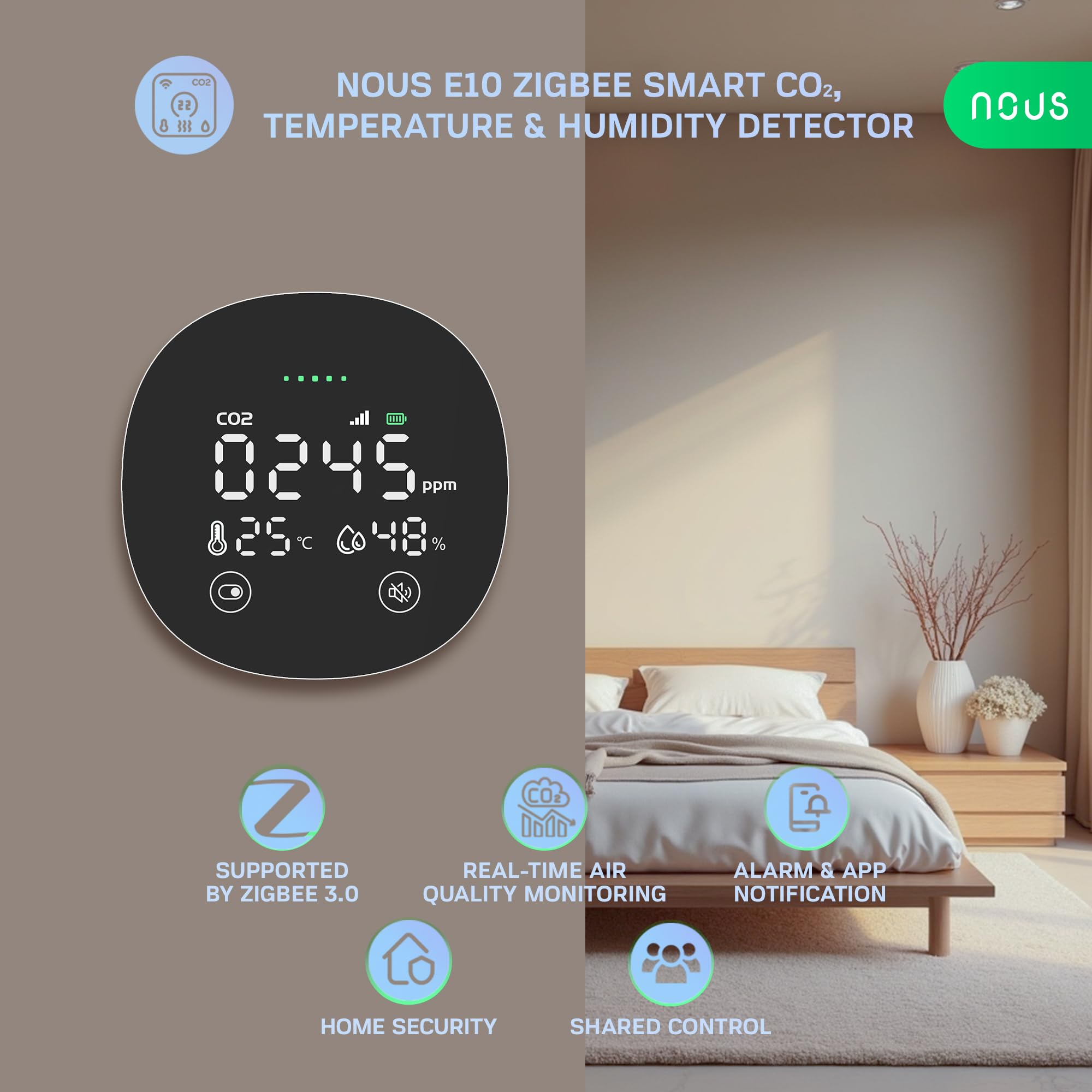 Nous E10 ZigBee CO2 Detector with Temperature & Humidity Sensor, Smart Air Quality Monitor, LED Display, App Alarm, Real-time Monitoring, Zigbee 3.0, Compatible with Alexa & Tuya