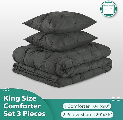 Miniatura 6 de downluxe Pintuck - Juego de edredón tamaño King con 2 fundas de almohada, 3 piezas, juego de edredón gris oscuro para todas las estaciones, juegos