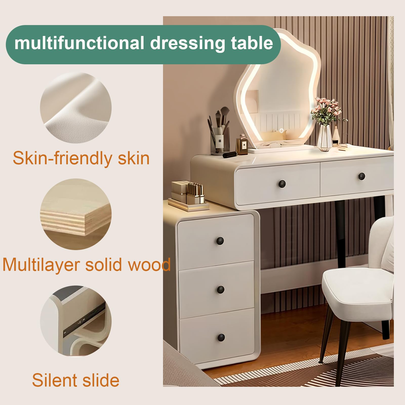 Tavolo Da Toeletta Con Specchio LED 3 Modalità - 2 Cassetti, 3 Ripiani, Bianco - Scrivania Trucco Compatta Per Spazi Piccoli
