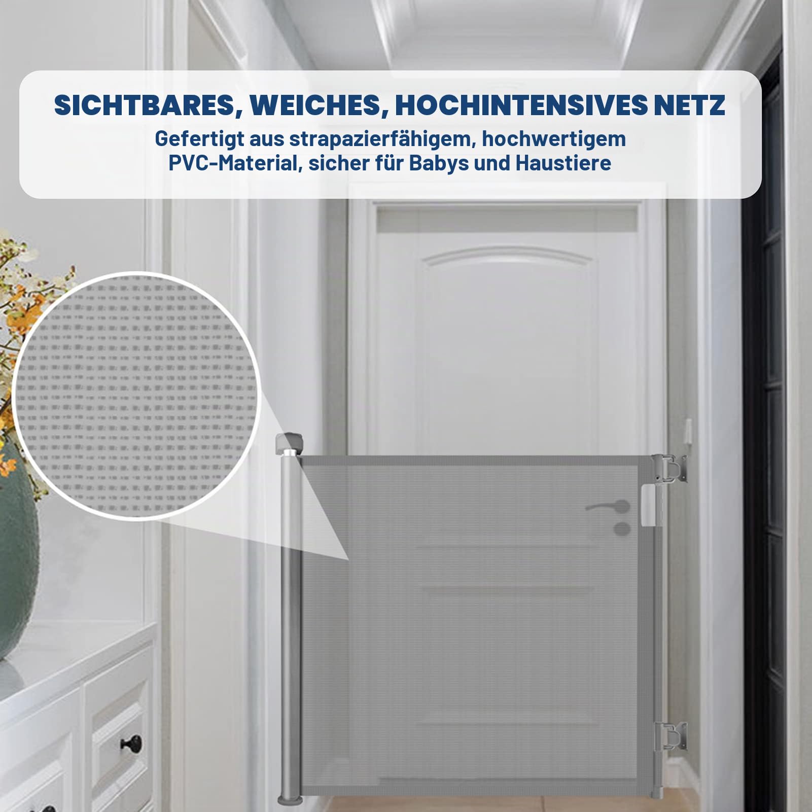 HollyHOME Treppenschutzgitter Ausziehbar 0-180cm, Extra Breit Babygitter, Einhandbedienung, Türschutzgitter für Babys und Haustiere, Kinderschutzgitter, Maschengitter für Treppen,Türen,Flure,Grau