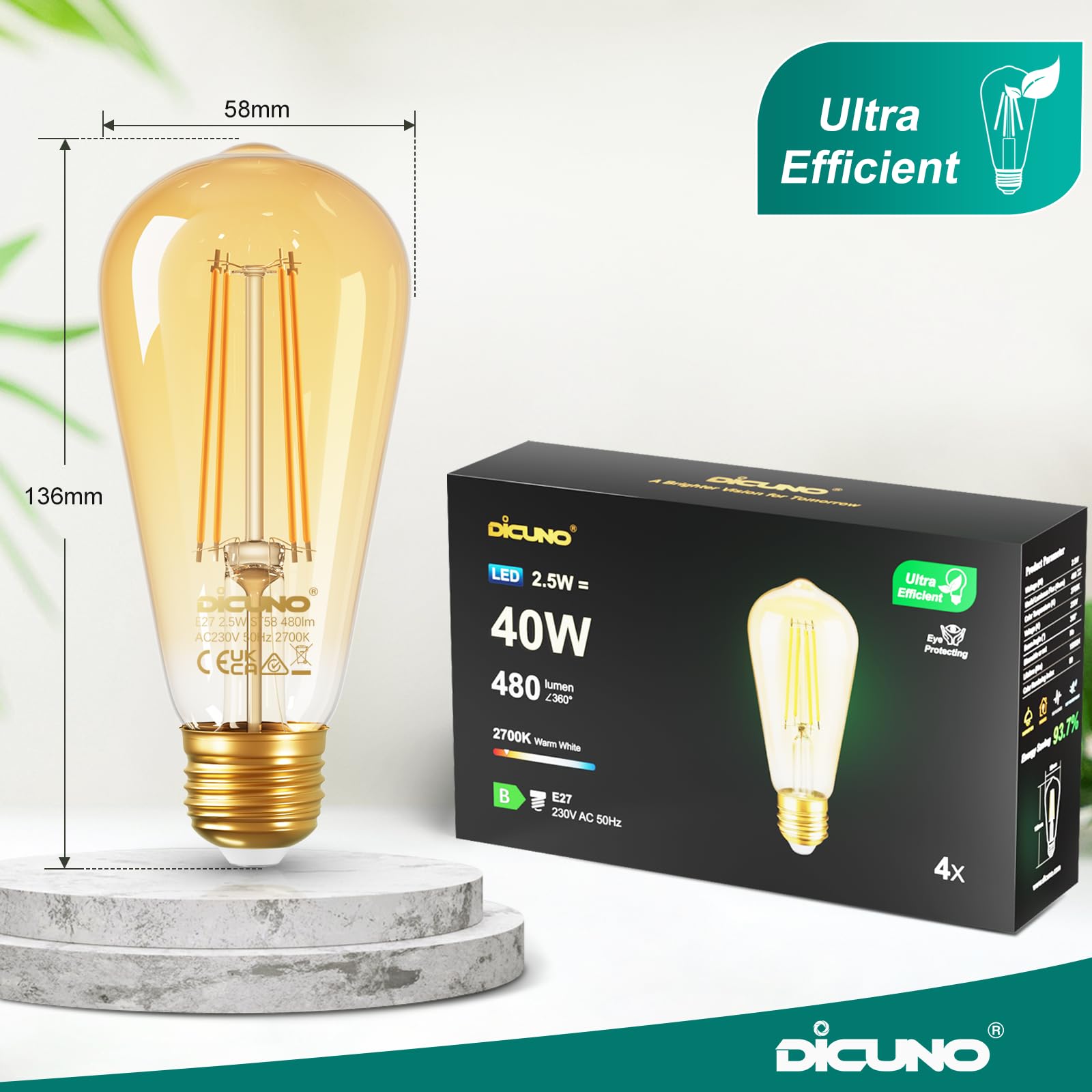 DiCUNO Vintage Light Bulb E27 Edison Screw Bulb ST58, 2.5W Equivalent to 40W, Energy Efficiency Class B Filament Glass LED - Image 3