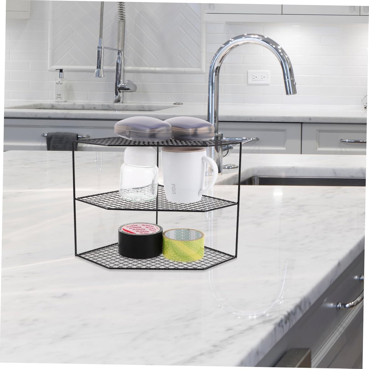 Amosfun Multi Functional Corner Countertop Organizer Bathroom Kitchen Shelf for Efficient Space Utilization Tidy Storage Display Freestanding Design