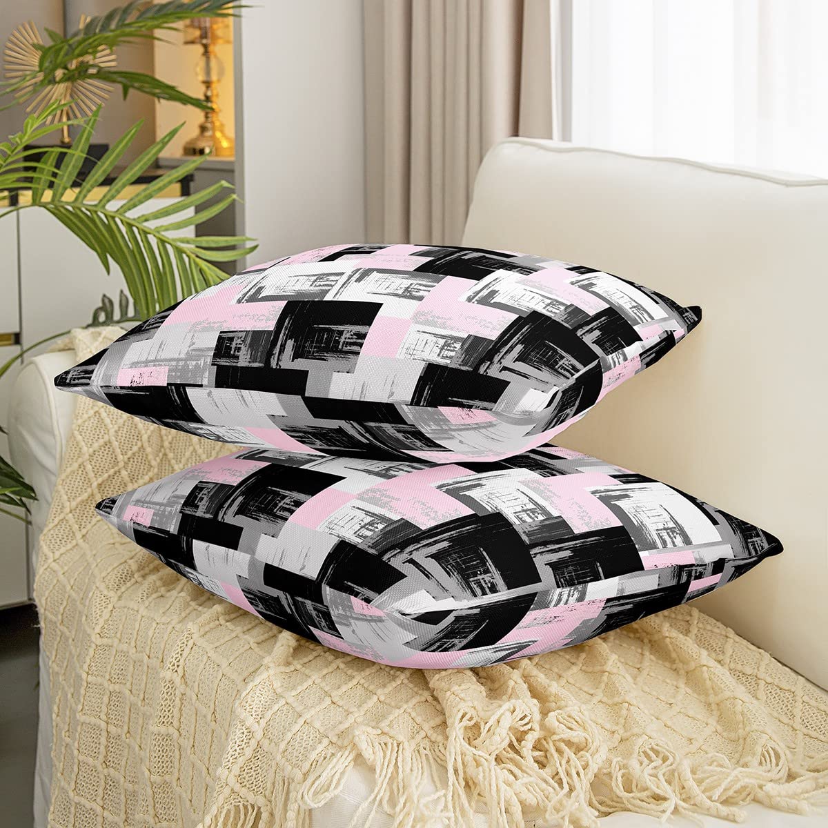 Loussiesd Pink Grey Black Reversible Throw Pillow Covers Kids Buffalo Check Pillow Covers Home Decor for Geometric Square Cushion Covers Set of 2 Modern Abstract Art 16x16 Inch - Image 3