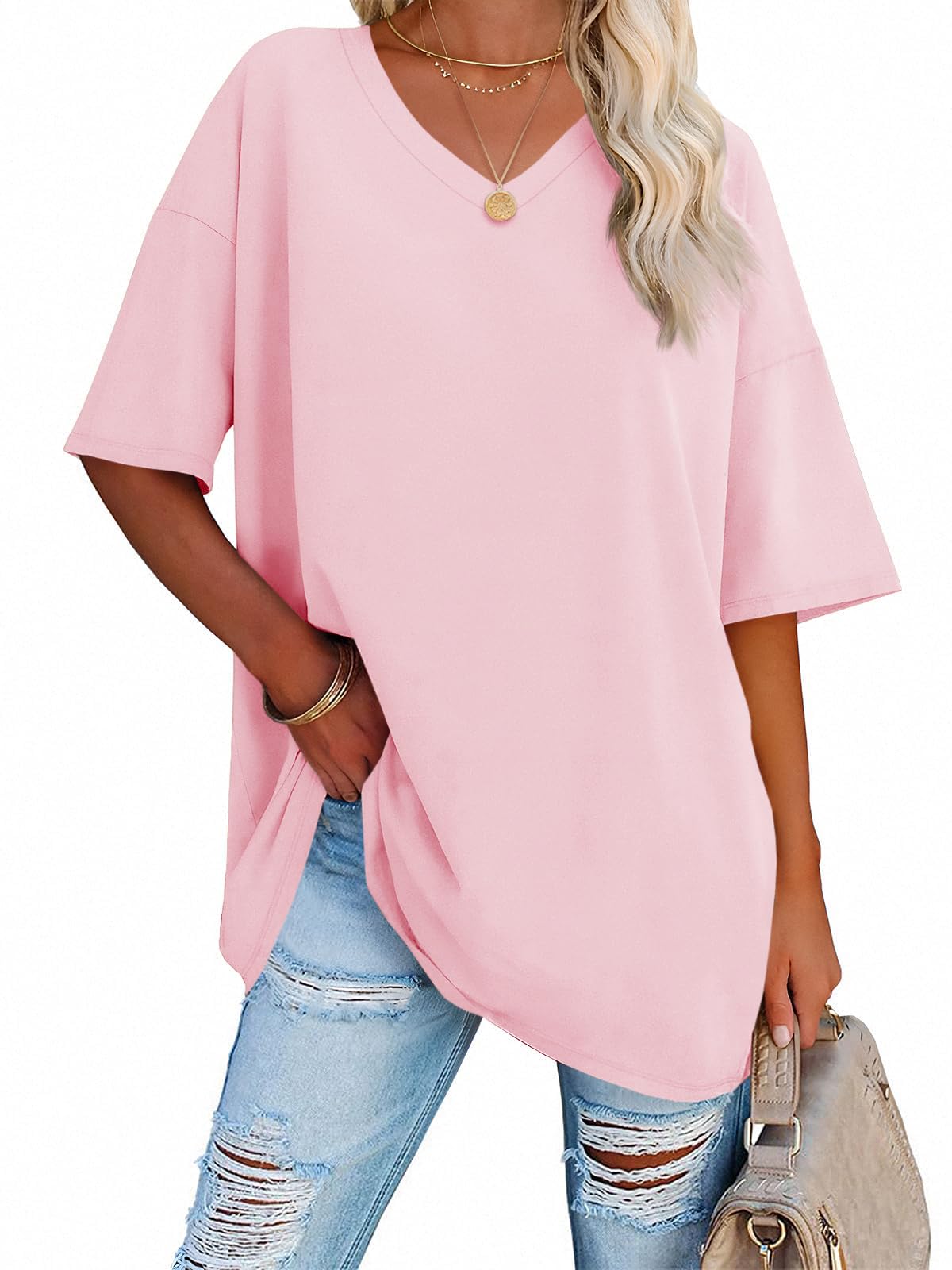 Ebifin Womens Oversized Tshirts V Neck Tee Shirts Half Sleeve Loose Fit T Shirt Cotton Tunic Tops 2025