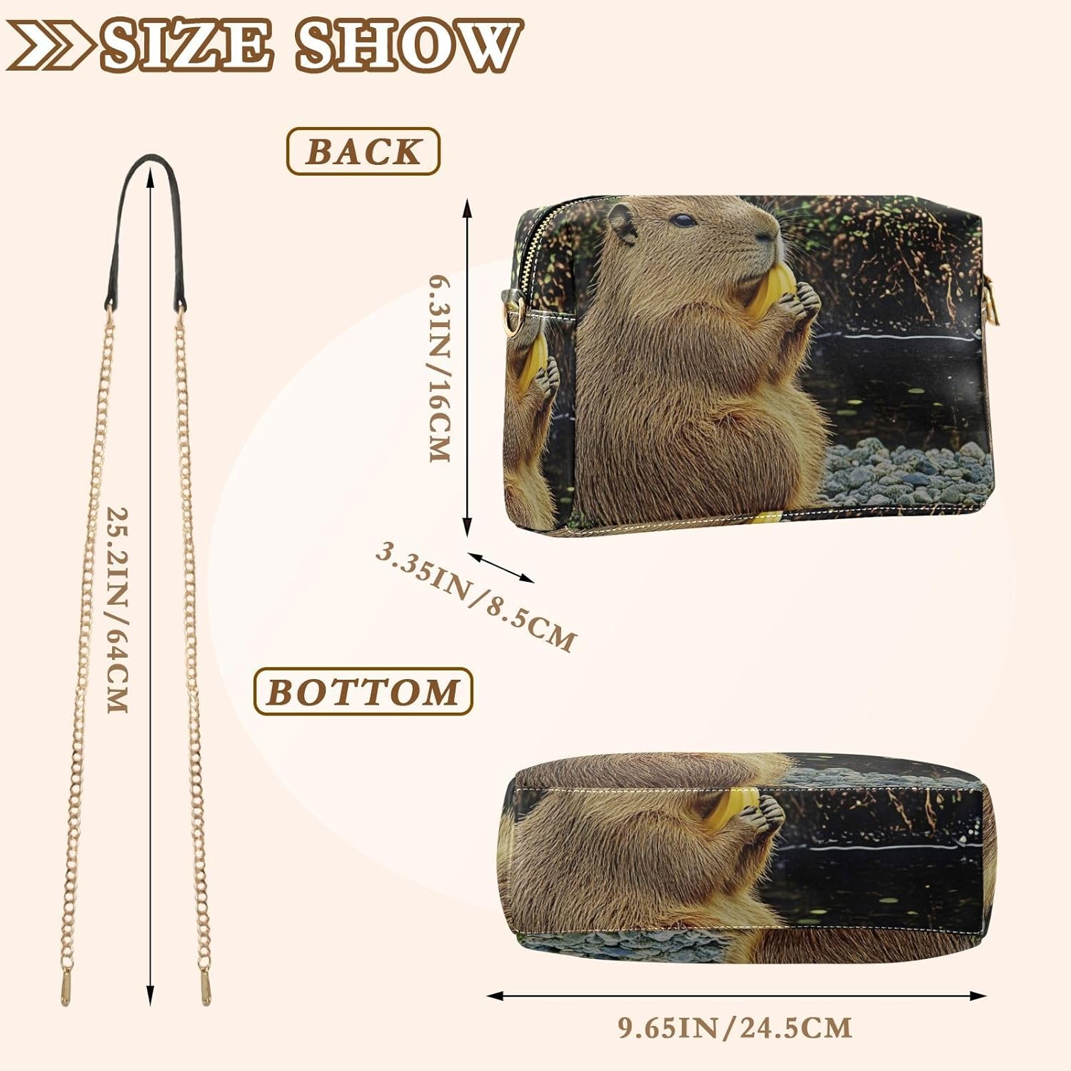 Women Crossbody Bag Shoulder Handbag Cellphone Purse PU Leather Metal Chain Strap Water Resistant Zipper Closure Capybara with Banana Print
