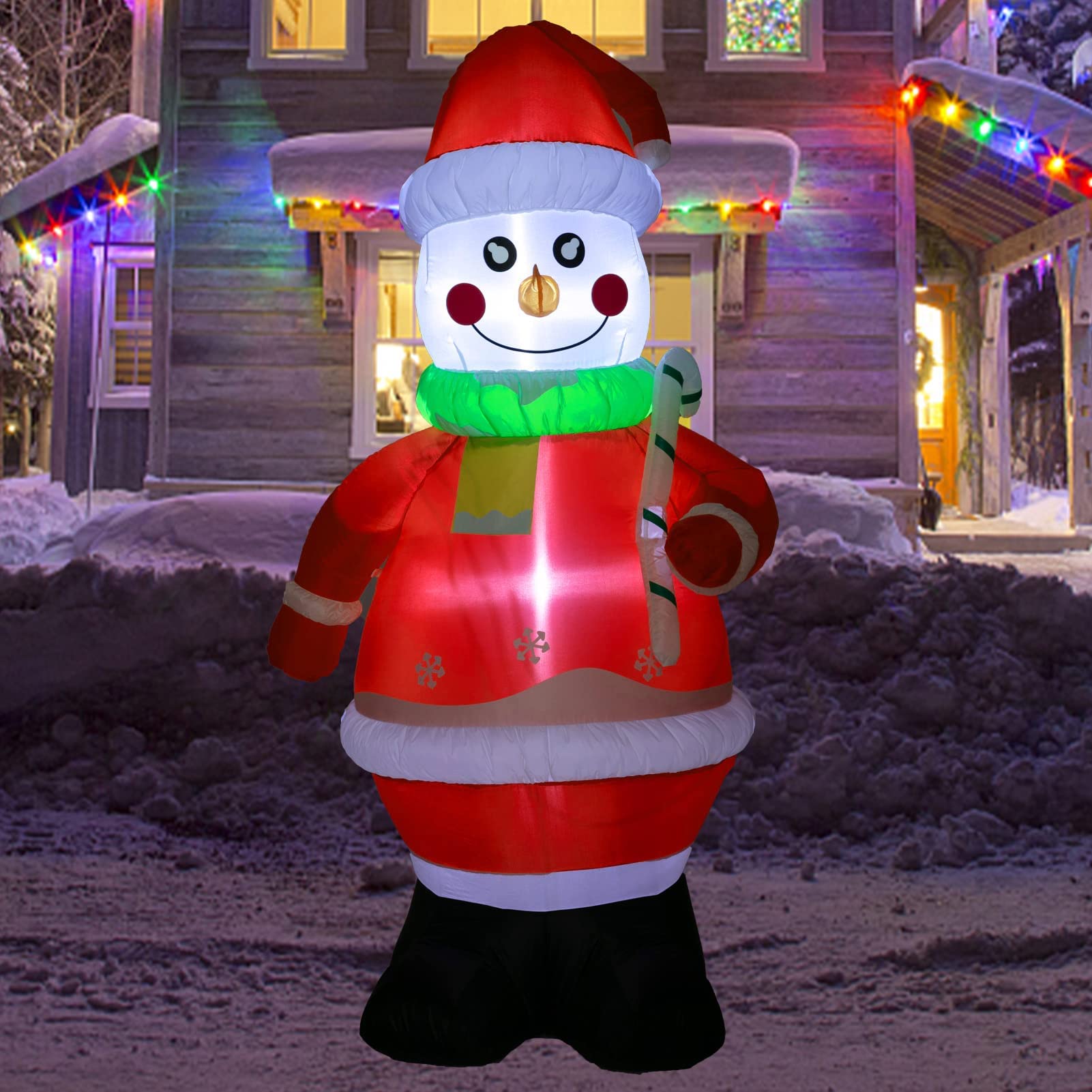 7FT Christmas Inflatable Snowboarding Snowman With Tree - LED Lighted Outdoor Yard Decoration