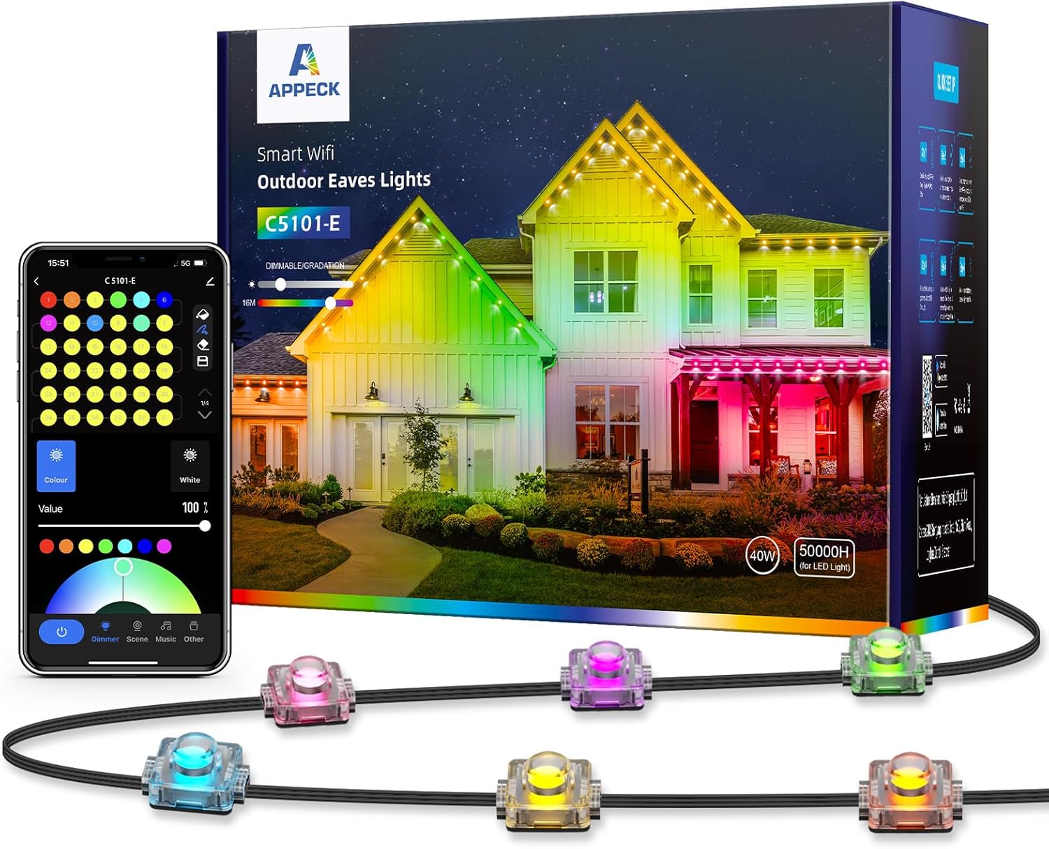 APPECK Permanent Outdoor Lights for House 100ft, Smart LED Eaves Lights with 75LEDs, IP65 Waterproof, 54 Scenes Modes for Christams, Holiday, Halloween, Party, Compatible with Aleax, Google Assistant