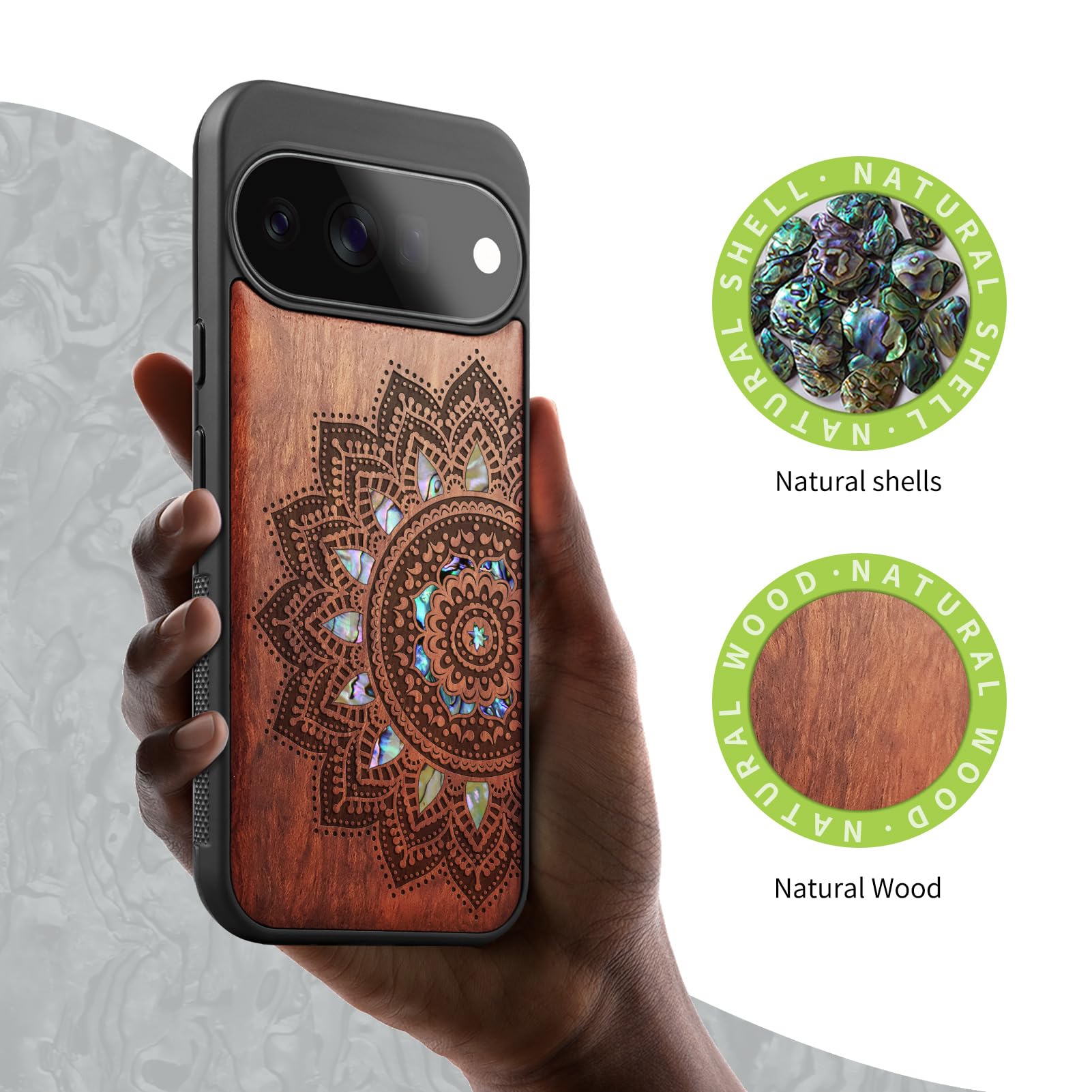 Carveit Madera Funda para Google Pixel 11 (Rosa-Arte Mandala) | Compatible con MagSafe [Grabado en madera e incrustación de mejillones] Magnética Cover para Pixel 11 Carcasa