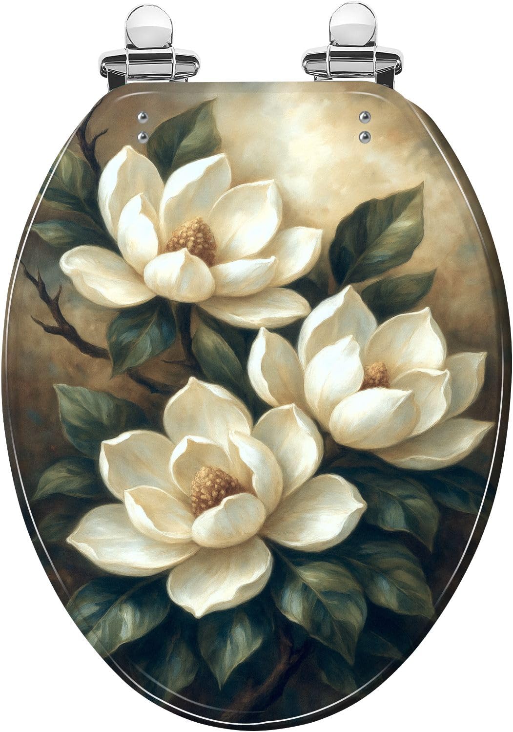 Elongated Toilet Seat Vintage Flower Magnolia Blossoms Green Leaves Petals Tree Branches Resin Toilet Seat Quietly Close Quick Release Hinges with Cover Bumpers Decorative Easy to Install Clean