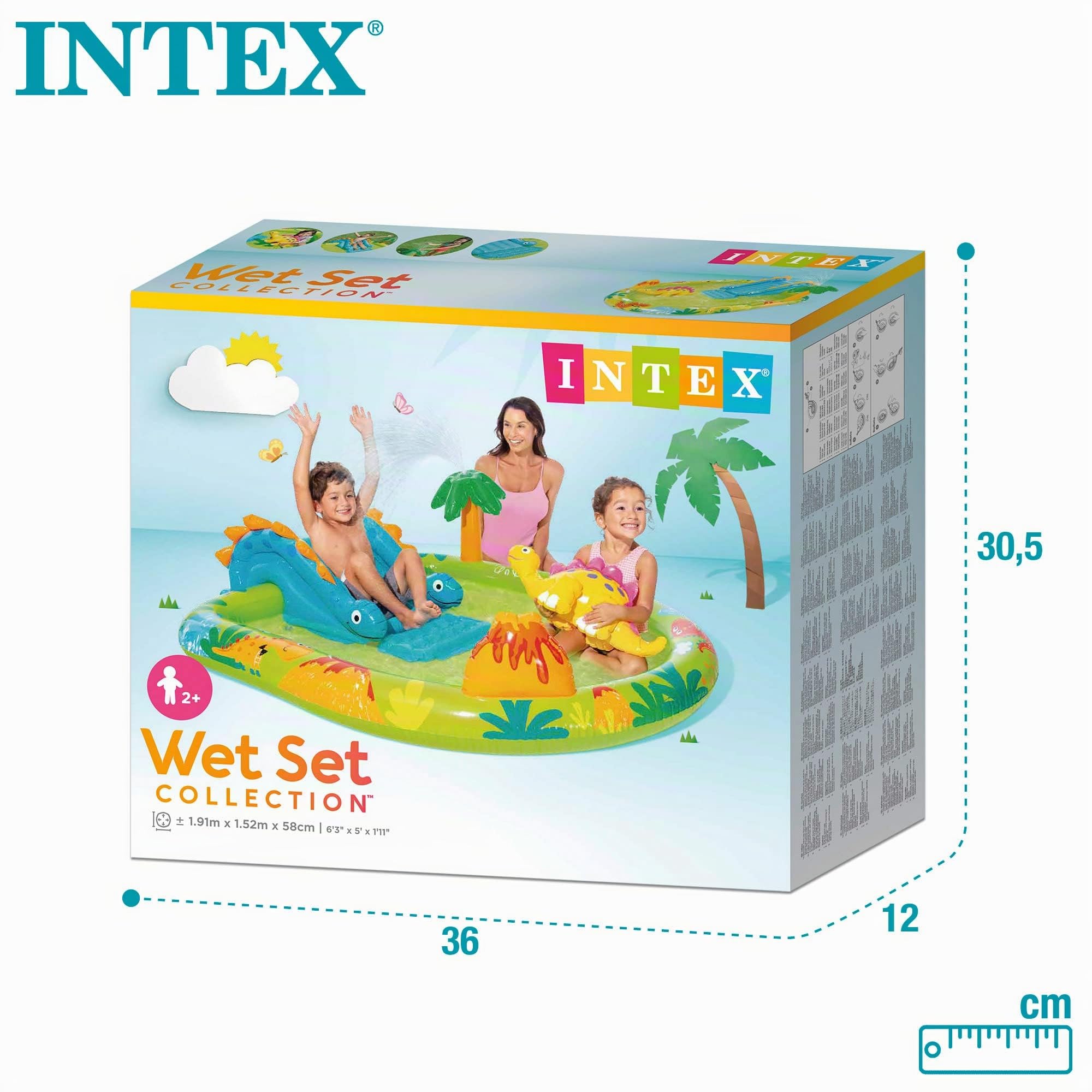 INTEX 57166 - Piscina infantil hinchable con dispersor de agua y tobogán dinosaurio, centro de juegos para niños