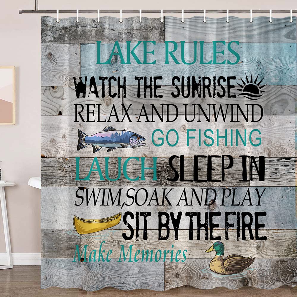 Rustic Lake Rules Shower Curtain Inspirational Quotes Funny Words Vintage Wooden Board Barn Plank Country Lodge Cabin Camper RV Bathroom Decor Curtains Polyester Fabric Set with Hooks, 70Wx70H inch
