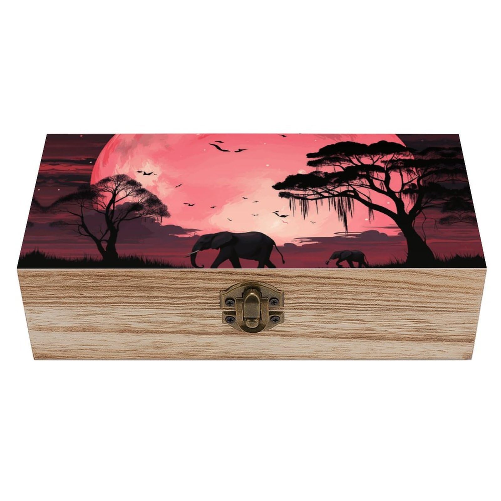 LZQPOEAS Pink Moon Elephant Wooden Storage Box Small Decorative Box with Hinged Lid Handmade Elegant Keepsake Storage Box for Jewelry, Photos, Trinkets, Letter Gifts, Small Heirlooms