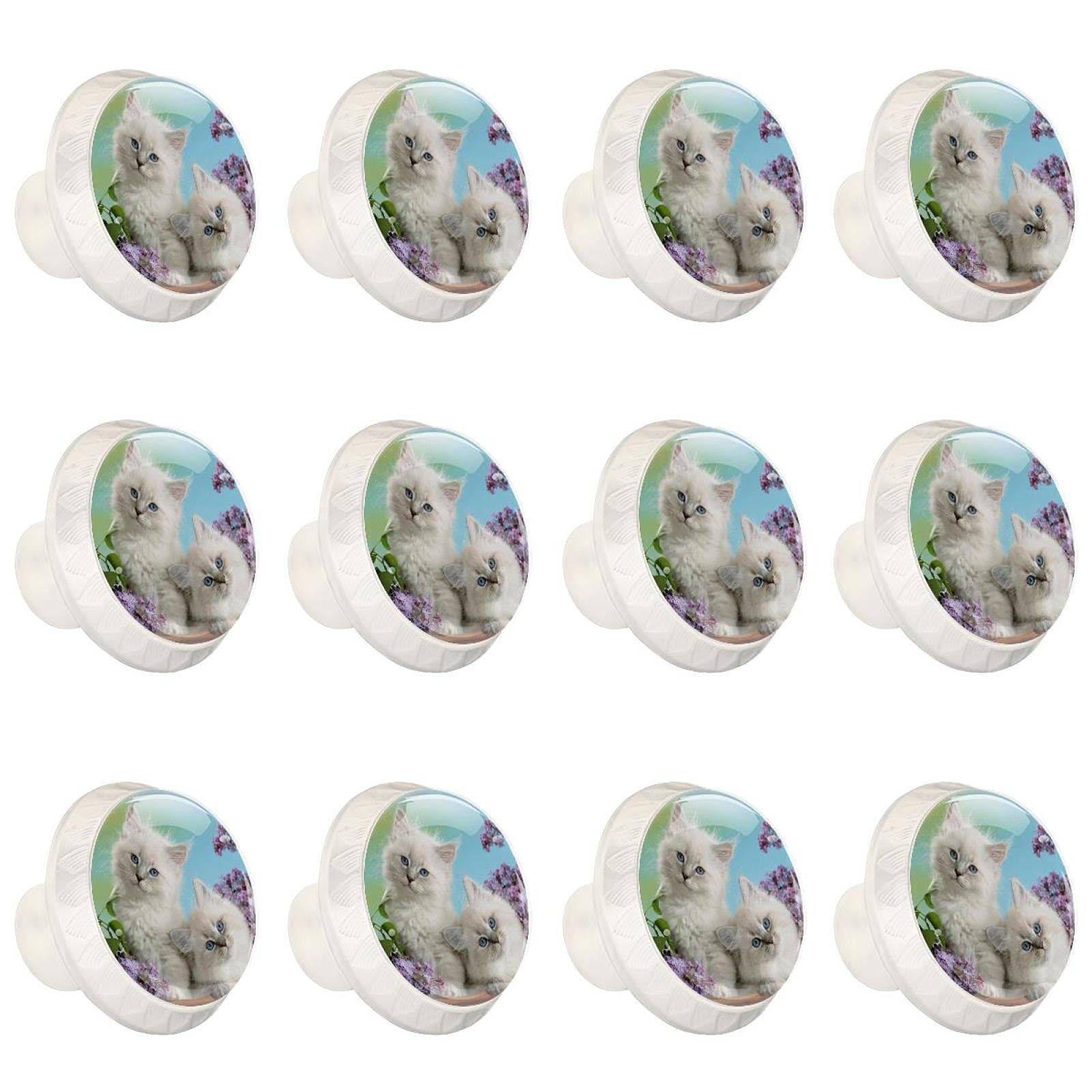 Boutons d'armoires de cuisine ronds motif chat et panier de fleurs lot de 12 poignées