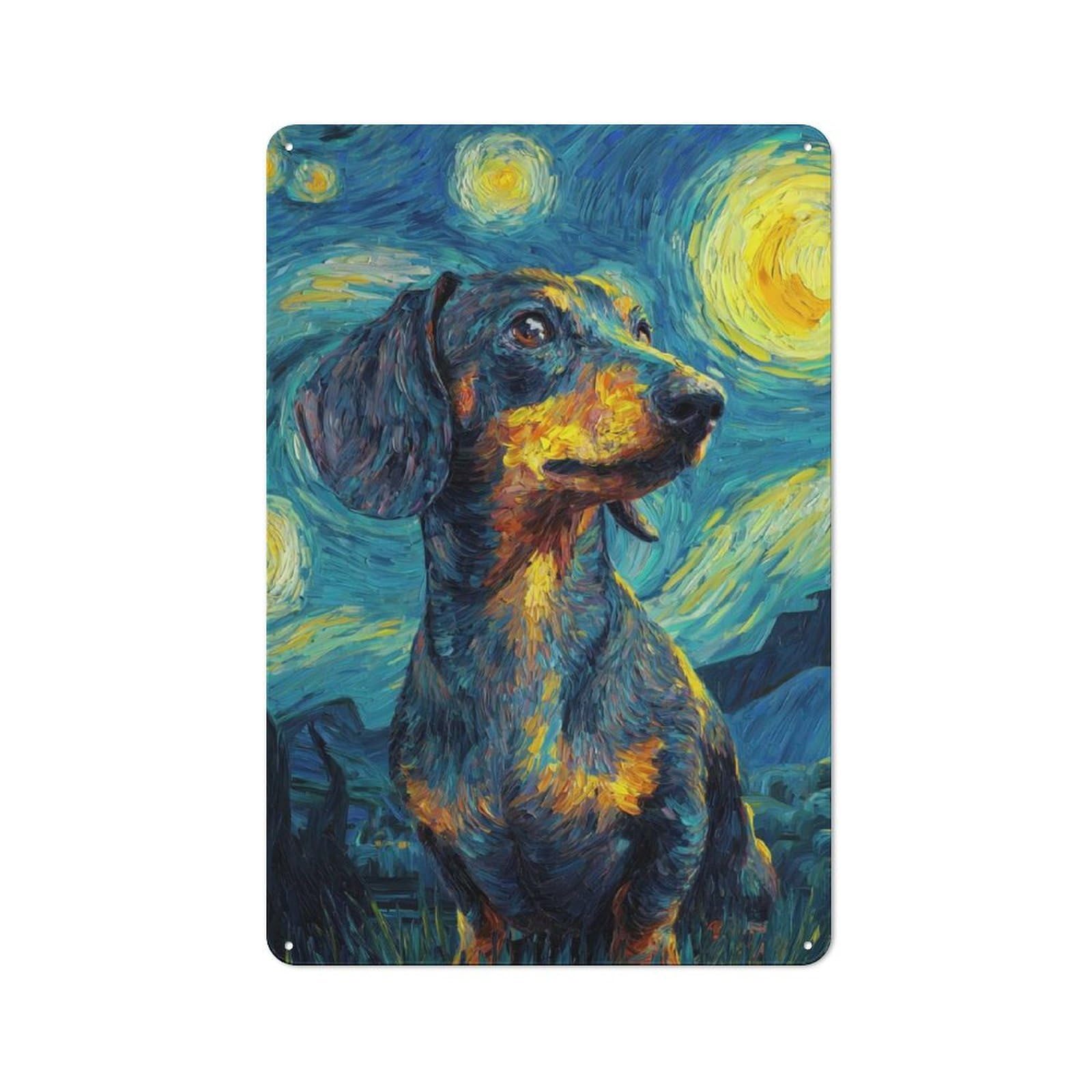 Metal Plaque 30x20cm with Dachshund in Starry Night Style for Pub Or Café, Vintage Decor, for Vintage Wall Decor Fans, for Metal Sign Collectors