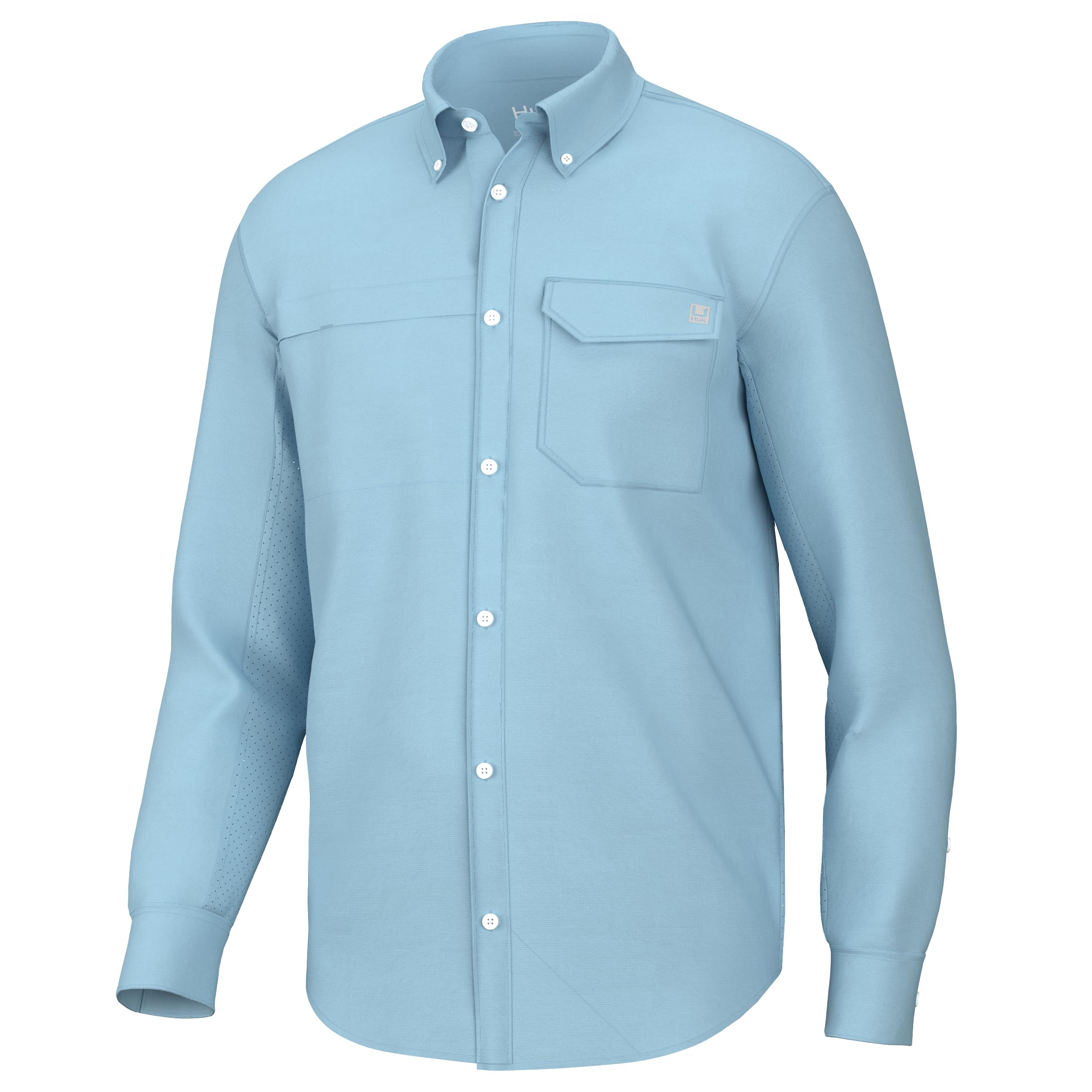 HUK Men's Tide Point Solid Long Sleeve Shirt, Button, Crystal Blue, XL