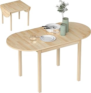 HOMCOM 55" Solid Wood Kitchen Table for 4-6 People, Oval Drop Leaf Tables for Small Spaces, Folding Dining Table, Natural