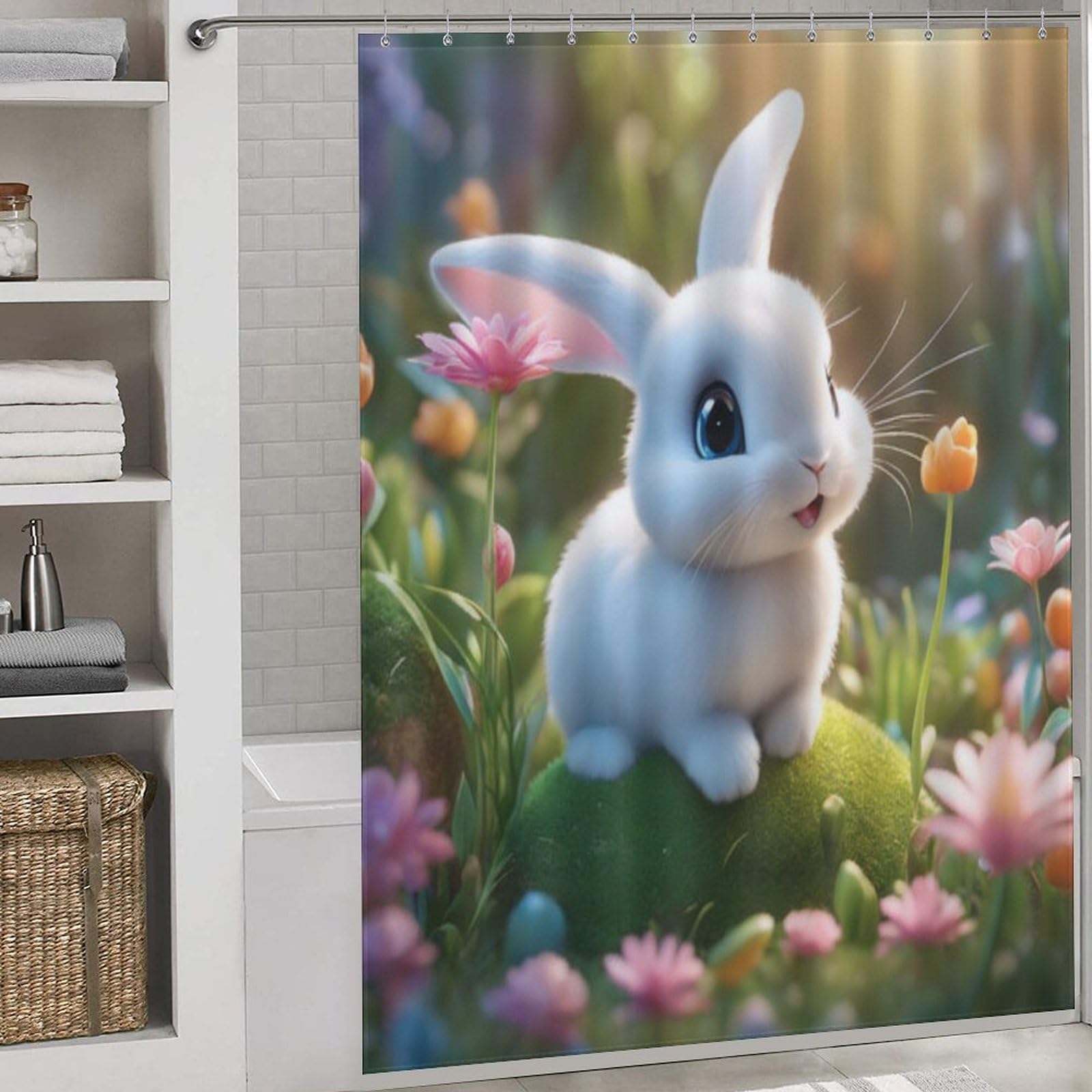 Rideau de douche polyester lapin mignon 168x183 cm pour baignoire de salle de bains