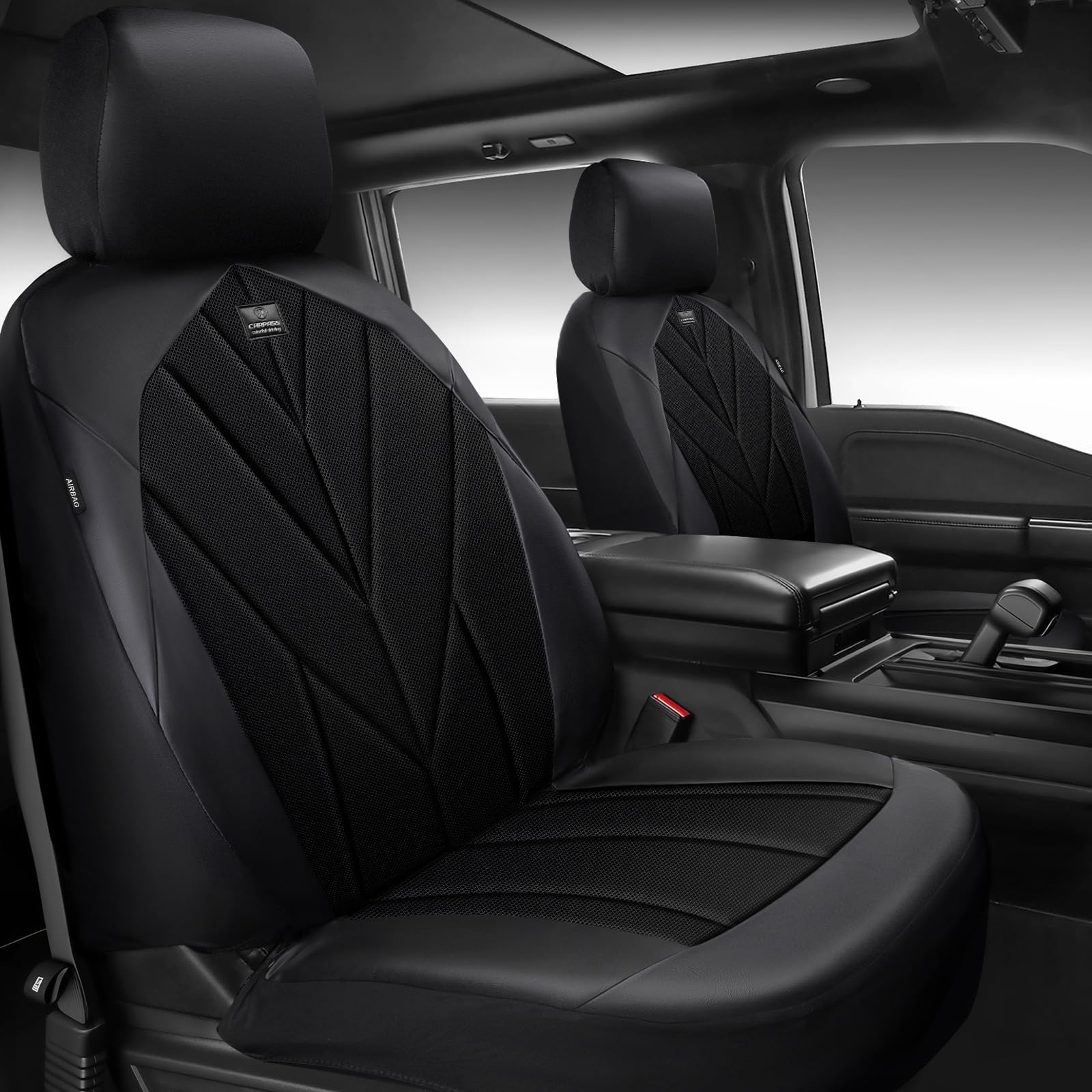 CAR PASS Airy Cool Memory Foam Seat Covers, Leather Mesh Thick Car Seat Covers Front Seats 2, Universal FIT for Cars,SUV,Trucks, Comfort-Durable-Breath, Airbag Compatible, All Black