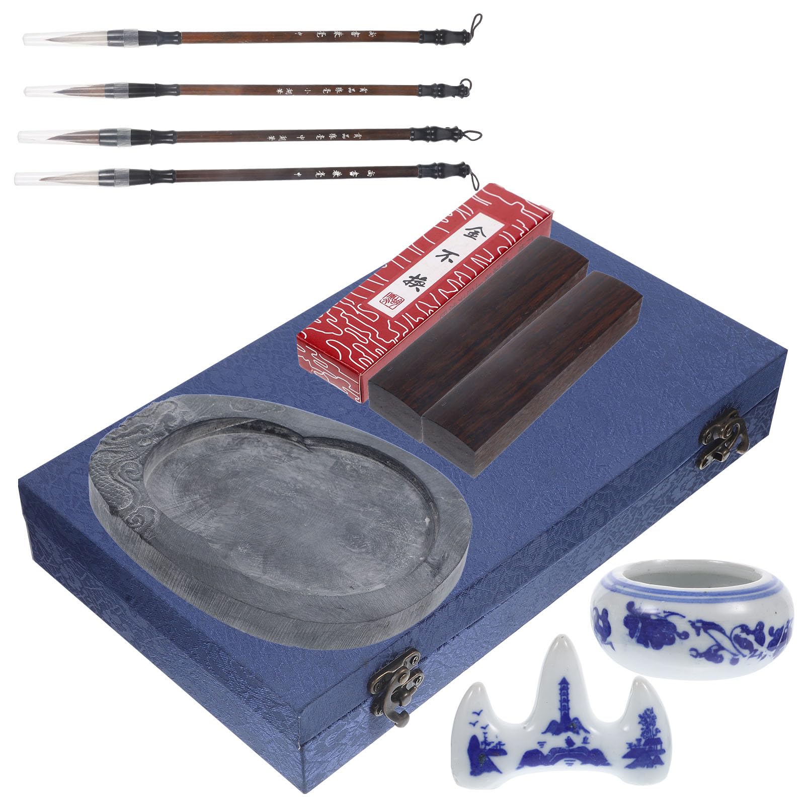 Set Calligraphie Bâtonnet D'encre Portable et Pierre à Encre en Bois, Pinceau Léger pour Étude et Pratique Calligraphie