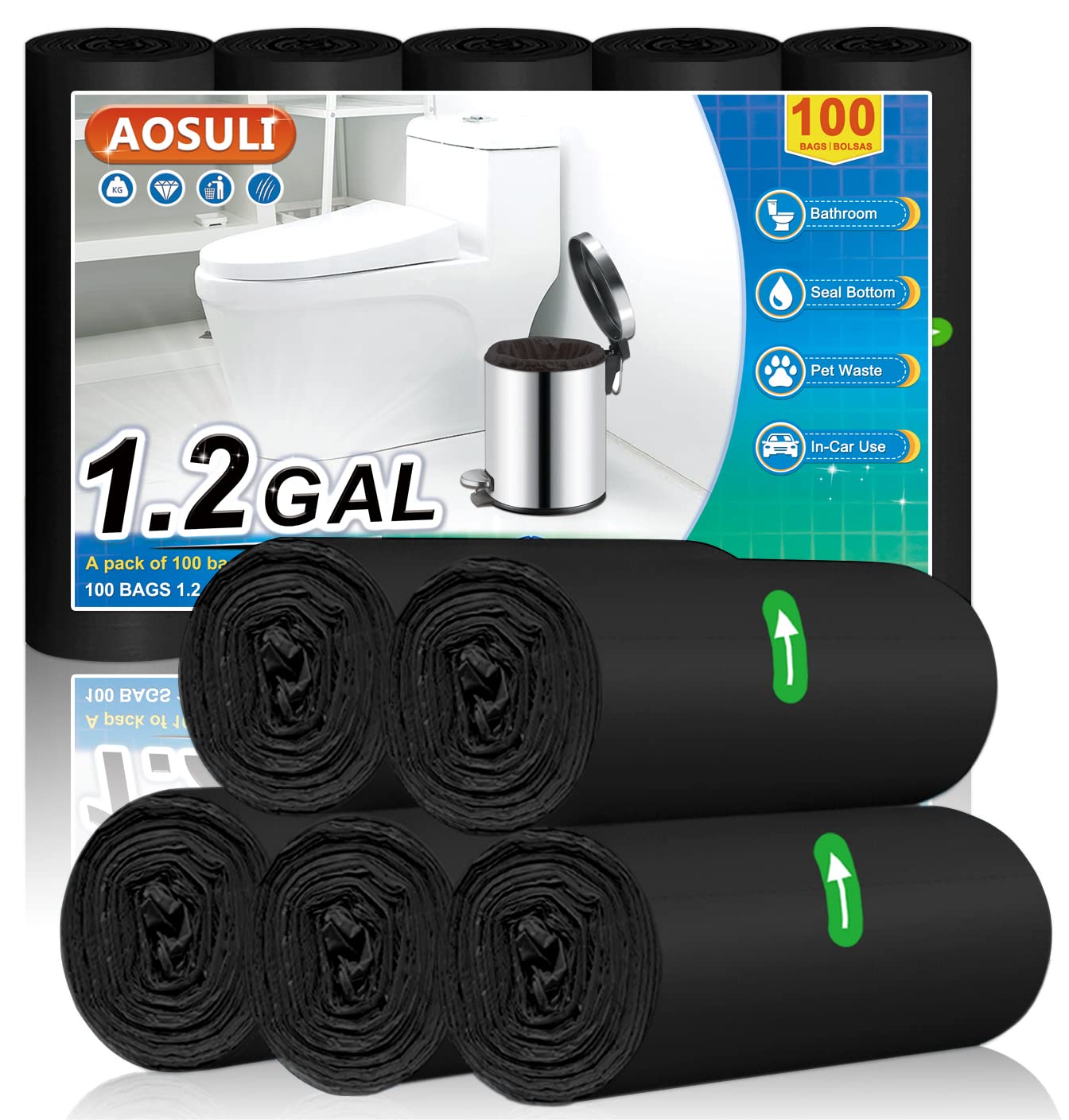 AOSULI Kleine Müllbeutel 5-15L Schwarz Müllsäcke 100 Stück Abfallsäcke Geeignet für Badezimmer,Küche,Büro