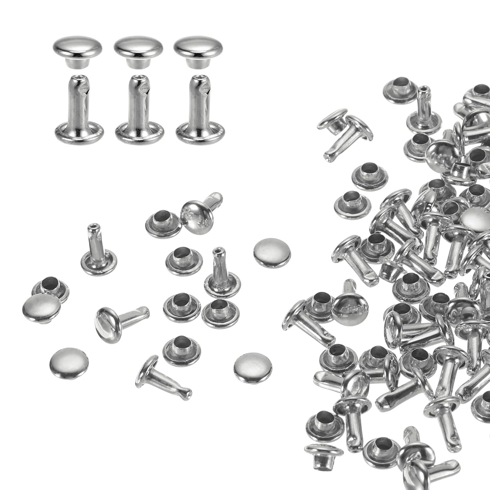 sourcing map 60 Sets Double Cap Leather Rivets, 6x8mm Round Cap Tubular Metal Studs Leather Crafting Rivets for Fabric Belt Pet Collar Boot Bag Repair and Decoration, Silver