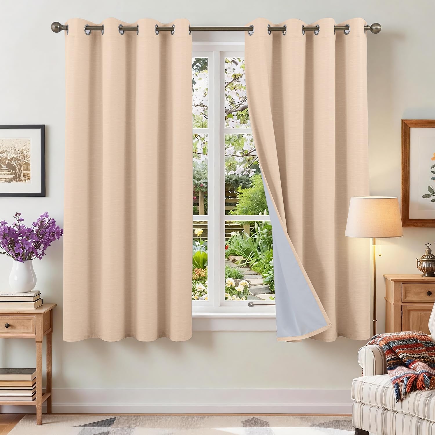 Runyéla 100% Verdunklungsvorhänge Leinen Gardinen mit Ösen 2er Set, Leinenoptik Vorhänge Blickdicht Thermovorhang Hitzeschutz, Schallschutz Thermogardine für Schlafzimmer Wohnzimmer Blackout Curtain