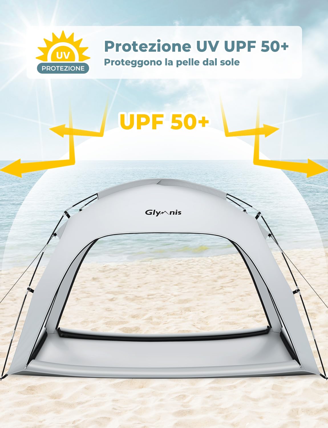 Glymnis Tenda da Spiaggia Grande Adatta a 3-4 Persone, Tenda da Spiaggia Portatile con Cerniera, Leggera Tenda Sole Spiaggia con Dimensioni di 220 x 180 x 125 cm, Facile da Montare, UPF 50+