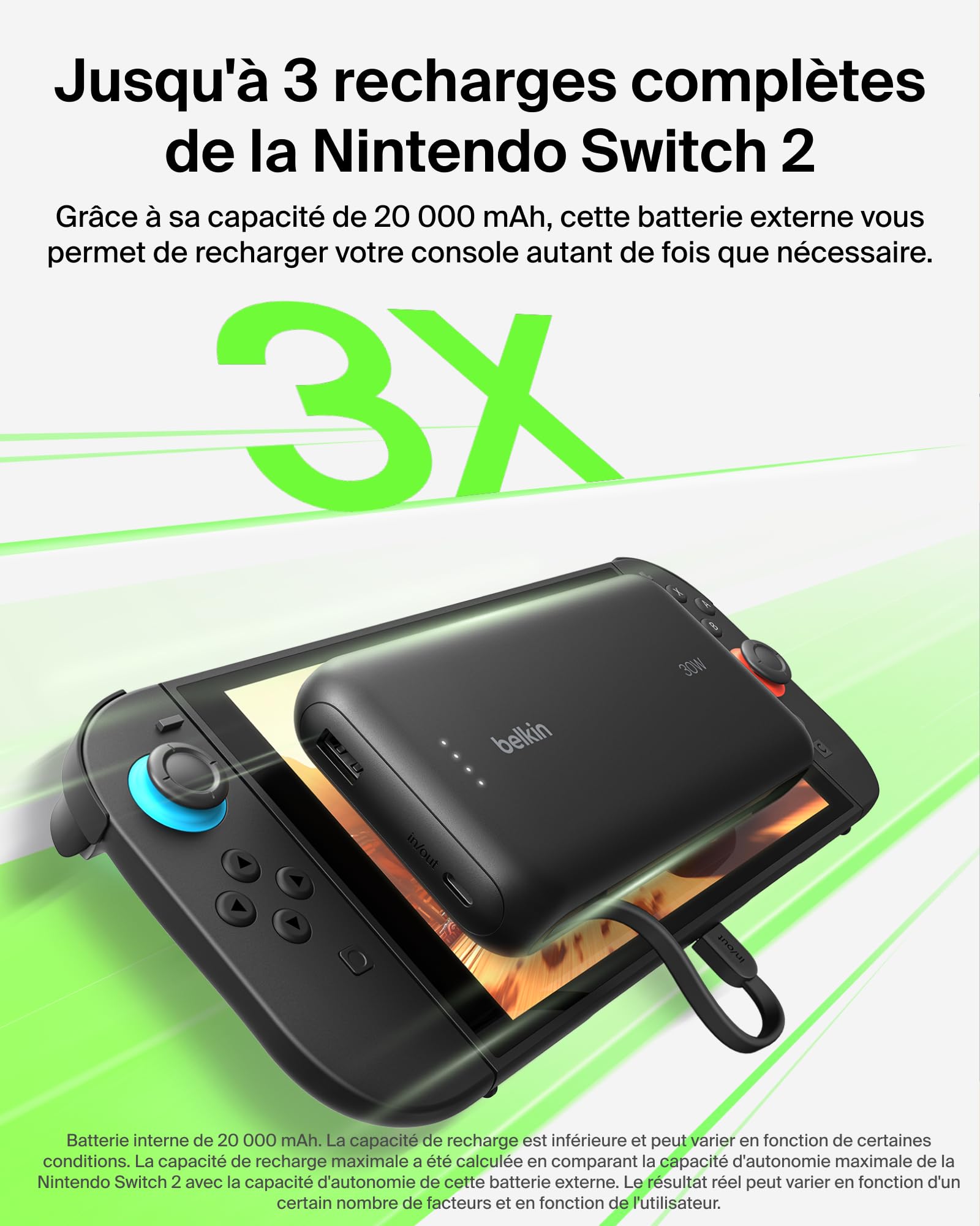 Belkin Gaming Batterie Externe 20000mAh, 30W avec câble USB-C intégré (Recharge Rapide USB-C PD, Chargeur Portable pour Nintendo Switch 2, iPhone 16, iPad Pro, Galaxy S25, etc., Noir)