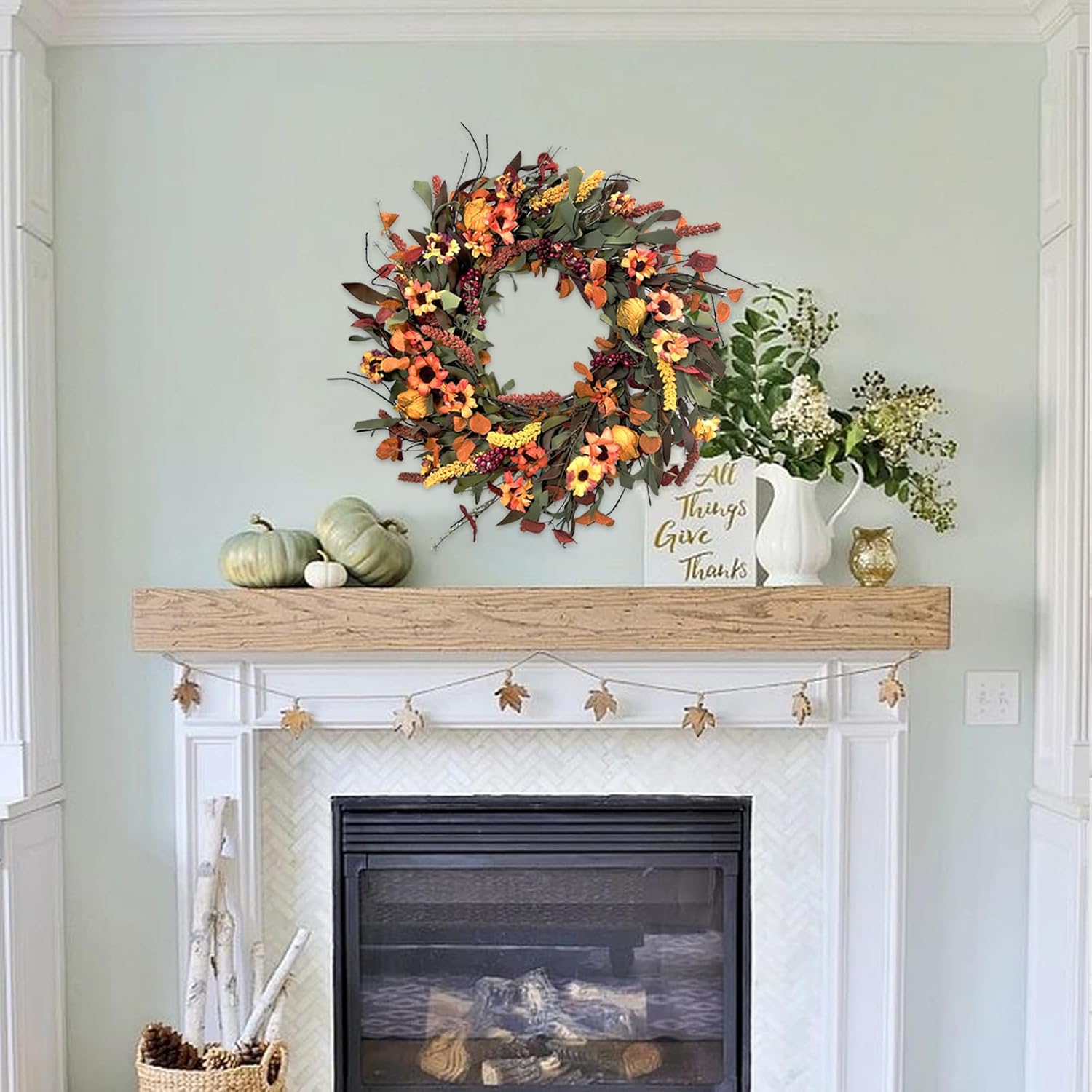 20Inch Fall Daisy Flower Wreath with Berries for Front Door, Harvest Artificial Flower Wreath with Soft Touch Leaves for Indoor and Outdoor Home Decor, Autumn Flower Wreath for Home Decor