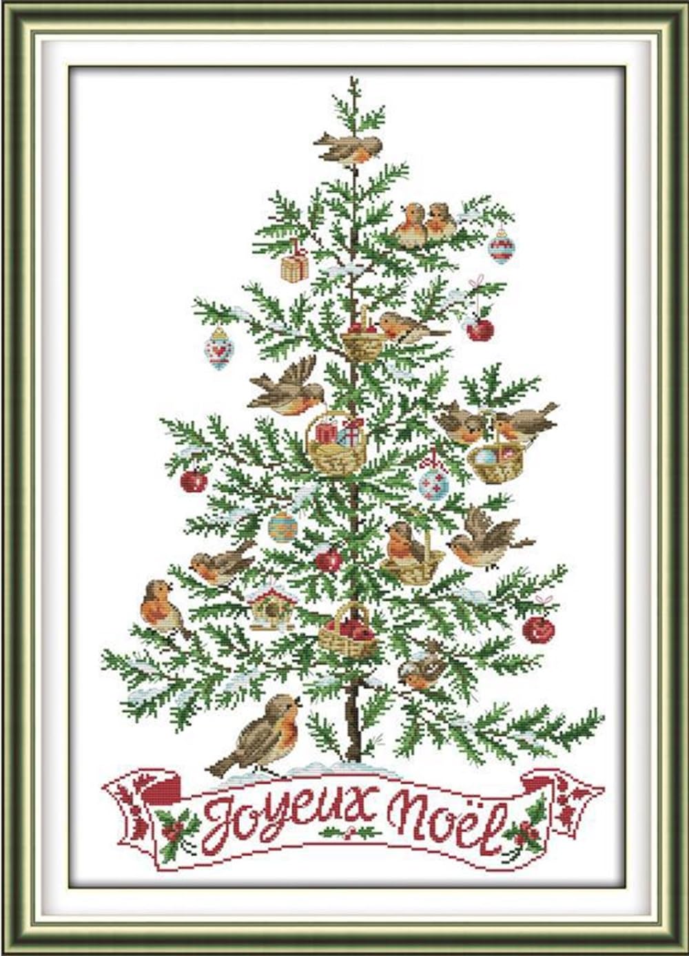 Rosyfoxes Cross Stitch Kits Stamped Full Range of Embroidery Starter Kits for Adult DIY 14CT 2 Strands -Printed kit The Christmas Tree with Birds (Printed) 18.1×25.2inches